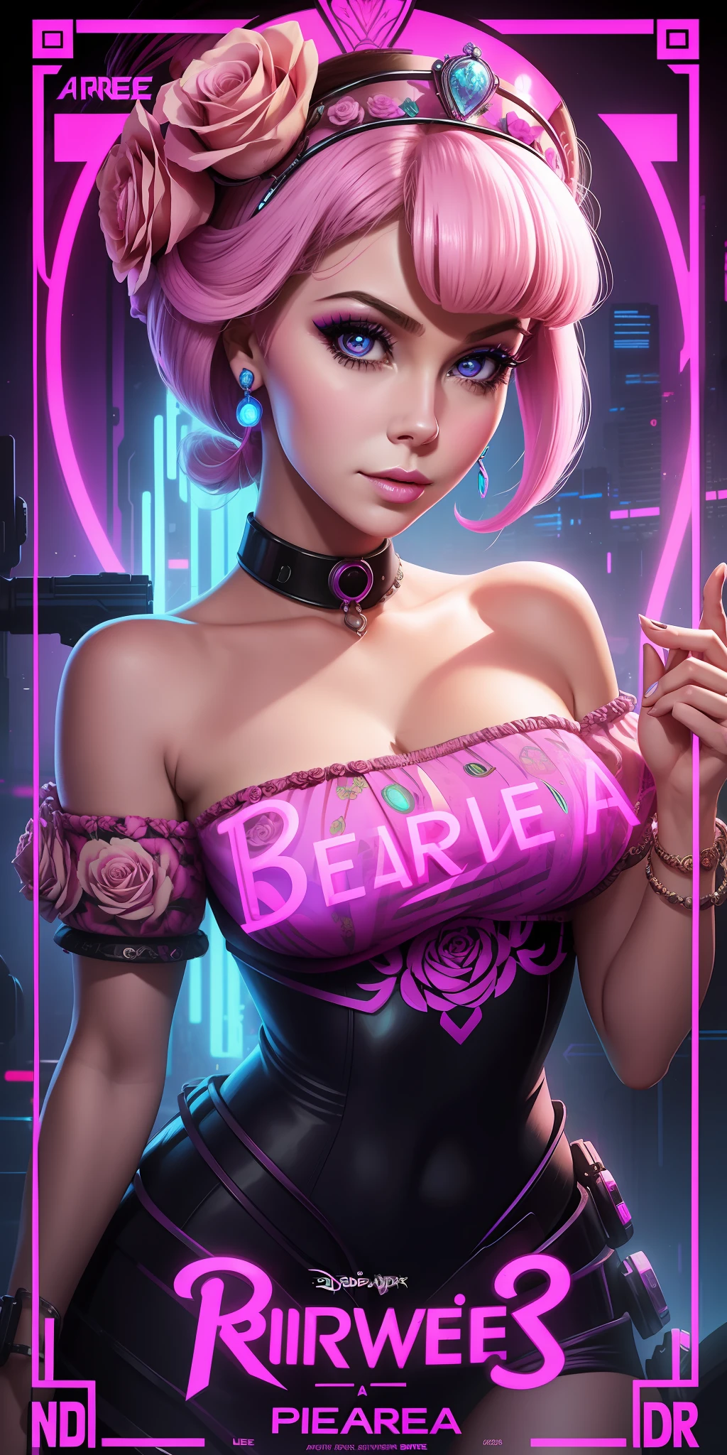 Poster of a princess's face with roses around her eyes and the words bearale on it by Shepherd Ferry (cyberpunk) (neon) ((Barbara Eden style))