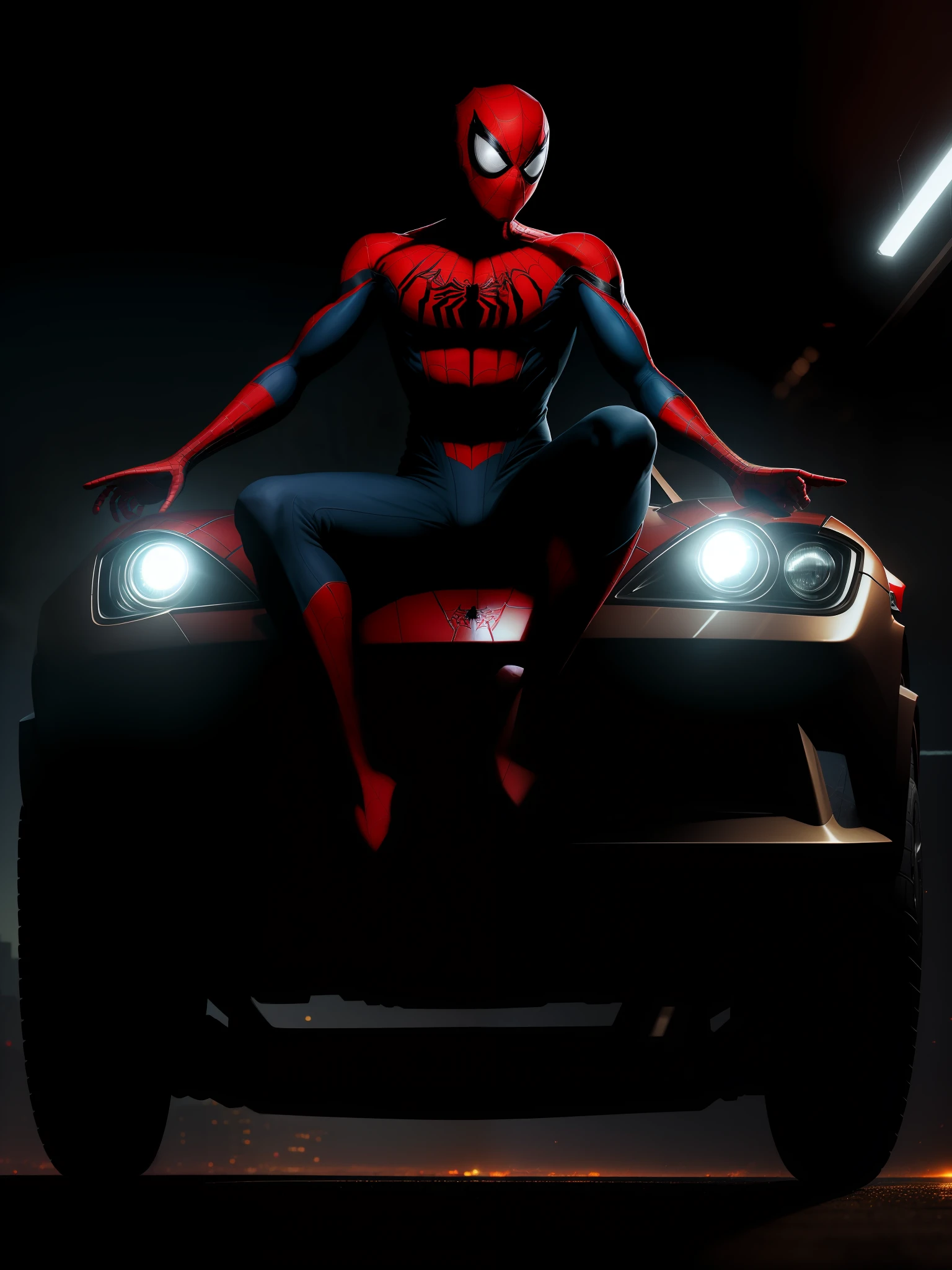 Сцена из фильма, Spiderman sits on an expensive sports car