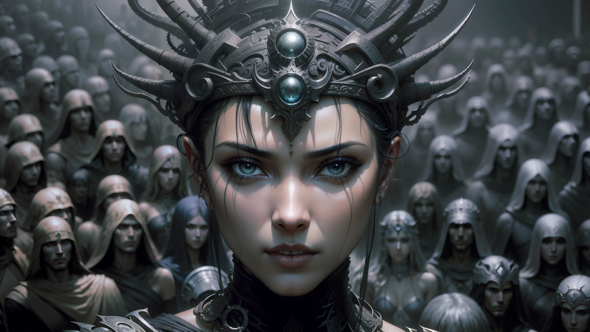 a close up of a woman wearing a crown surrounded by a group of people, nekro iii, shanina shaik as medusa, luis royo and greg rutkowski, greg rutkowski and mario testino, nekro xiii, luis royo and alex ebel, beautiful cyborg priestess, hyperrealistic photo luis royo, greg rutkowski and luis royo --auto --s2