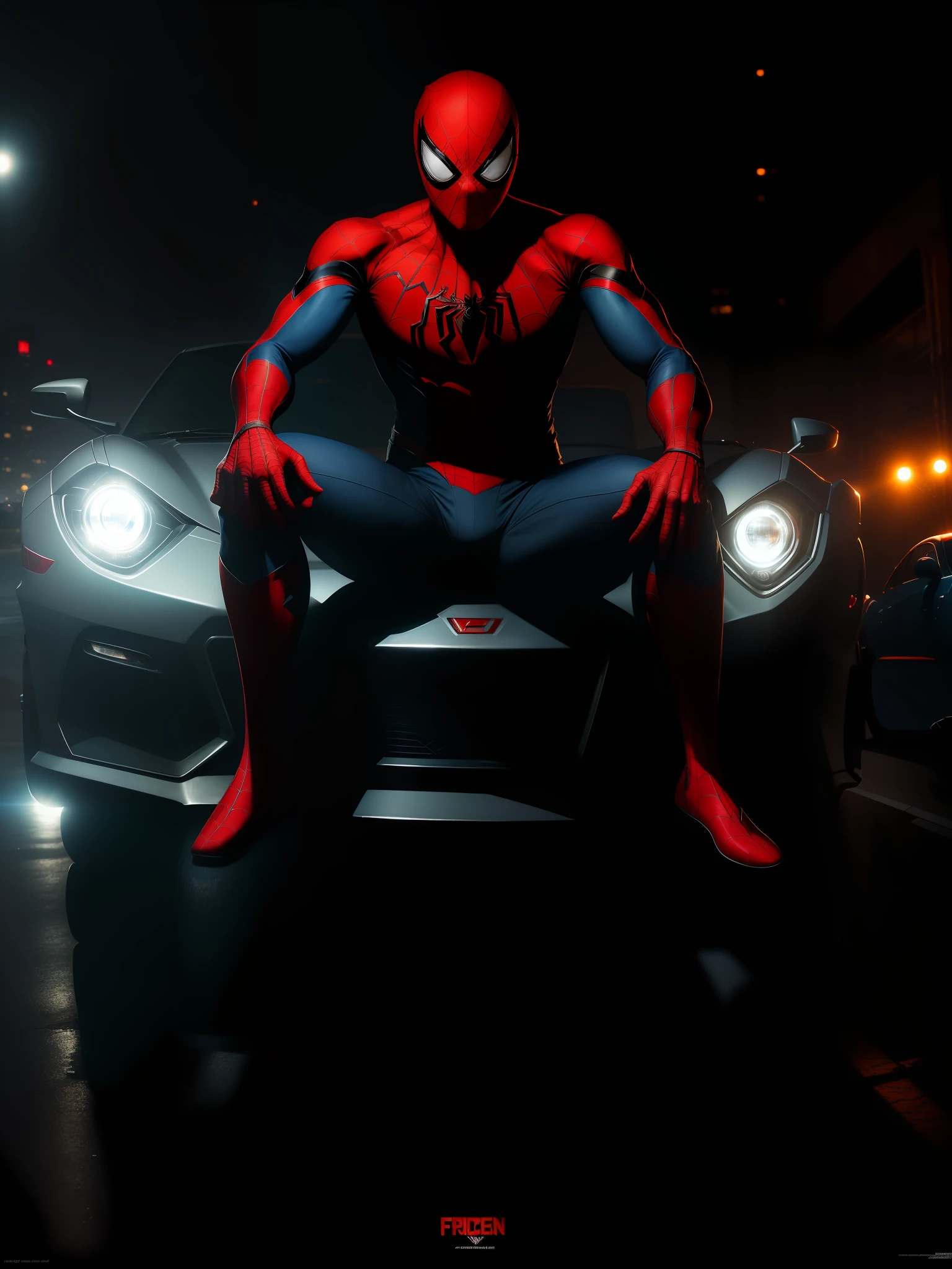 Сцена из фильма, Spiderman sits on an expensive sports car