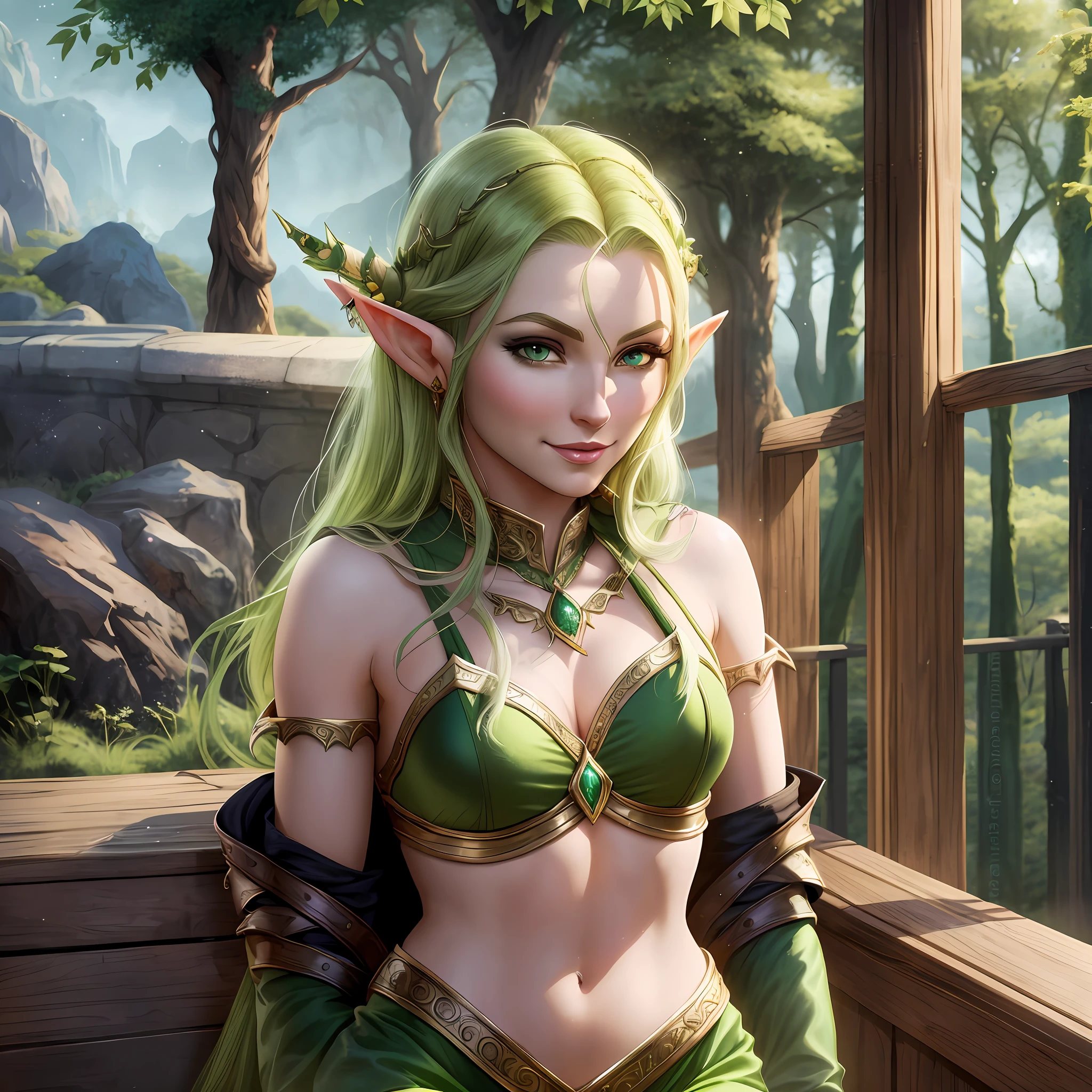 arafed elf with green hair and green bra top posing for a picture, elf girl, alluring elf princess knight, portrait of an elf queen, beautiful and elegant female elf, female elf, elven princess, elf princess, elf queen, elven character with smirk, portrait of an elf, elf queen nissa genesis mage, portrait of very beautiful elf