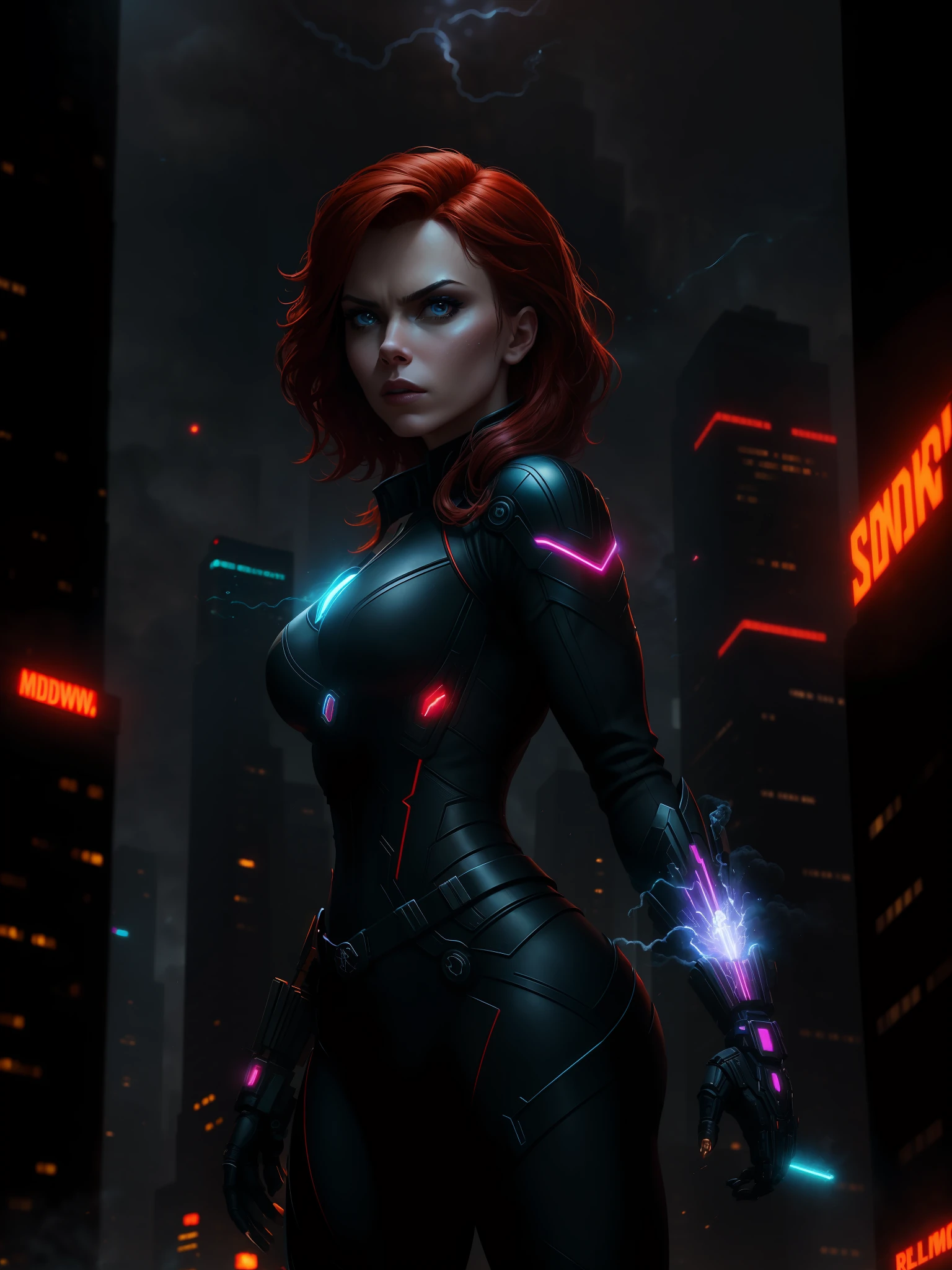 Scene from the movie, Black Widow from Marvel, extremely detailed, futuristic cityscape, nighttime, glowing neon lights, smoke, sparks, metal shavings, flying debris, blue energy effects, volumetric light