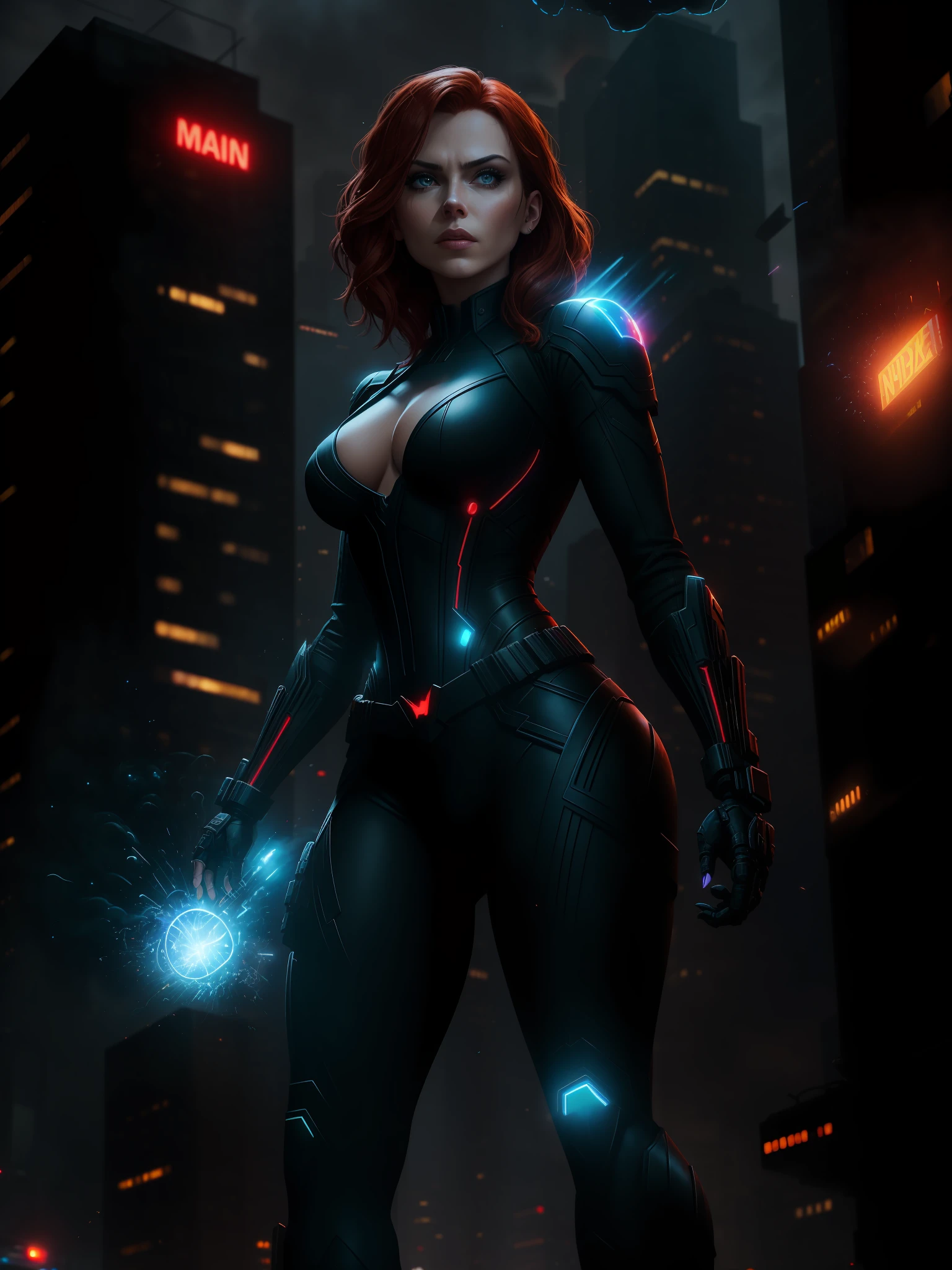 Scene from the movie, Black Widow from Marvel, extremely detailed, futuristic cityscape, nighttime, glowing neon lights, smoke, sparks, metal shavings, flying debris, blue energy effects, volumetric light