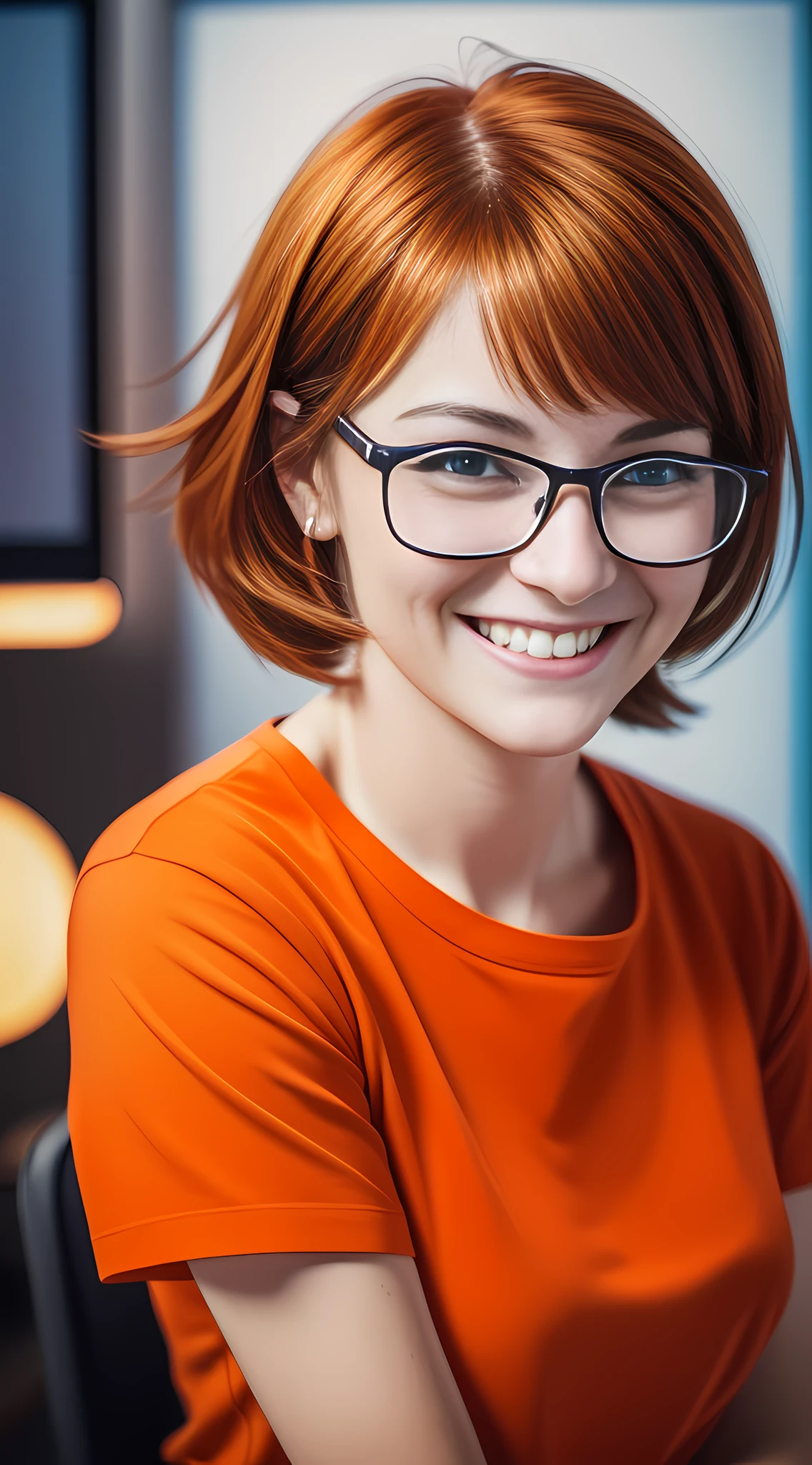 ma character 30 year old woman wearing beautiful orange glasses and smiling wearing a plain orange knit t-shirt, very short and spiky orange brown hair, working an advertising agency with orange walls, blurred background, looking at the monitor of an iMac, smiling, cinematic lighting, shallow depth of field, 8k uhd, dslr, 35 mm 1.8 lens,  masterpiece, high quality, photorealistic, realism, hyperrealism, art photography --auto --s2