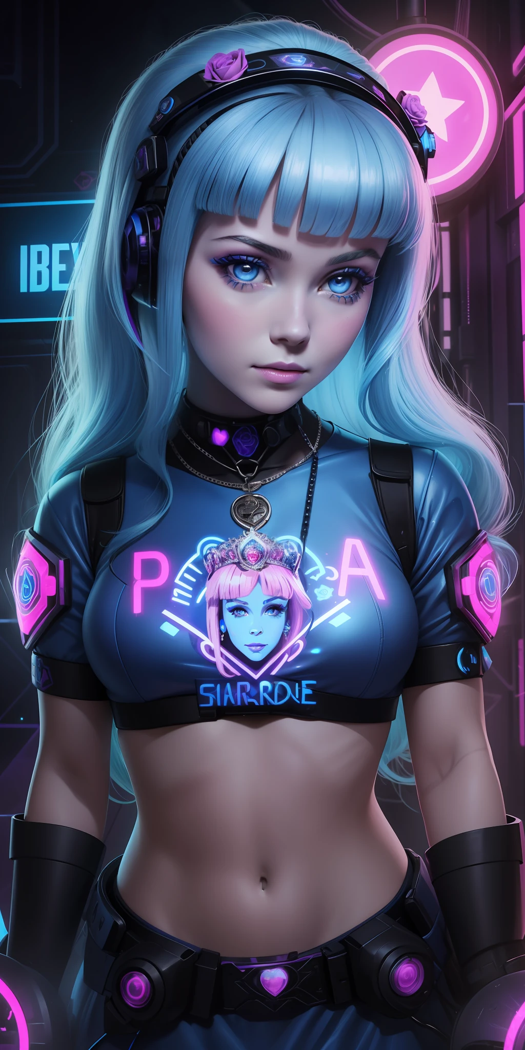 A sticker of a princess's face with roses around her eyes and the words bearale on it by Shepherd Ferry (cyberpunk blue) (neon) ((Barbara Eden style She is blue))