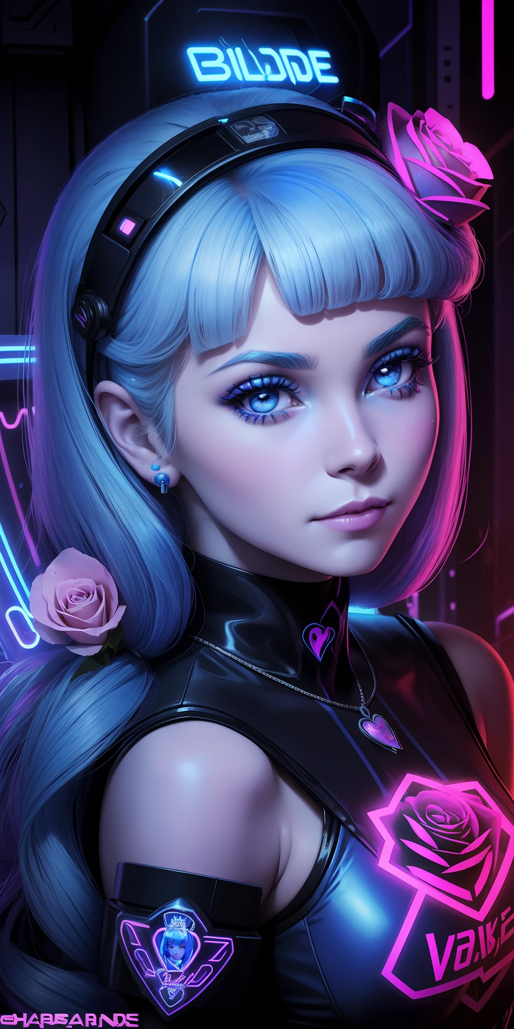 A sticker of a princess's face with roses around her eyes and the words bearale on it by Shepherd Ferry (cyberpunk blue) (neon) ((Barbara Eden style She is 12 years old blue))