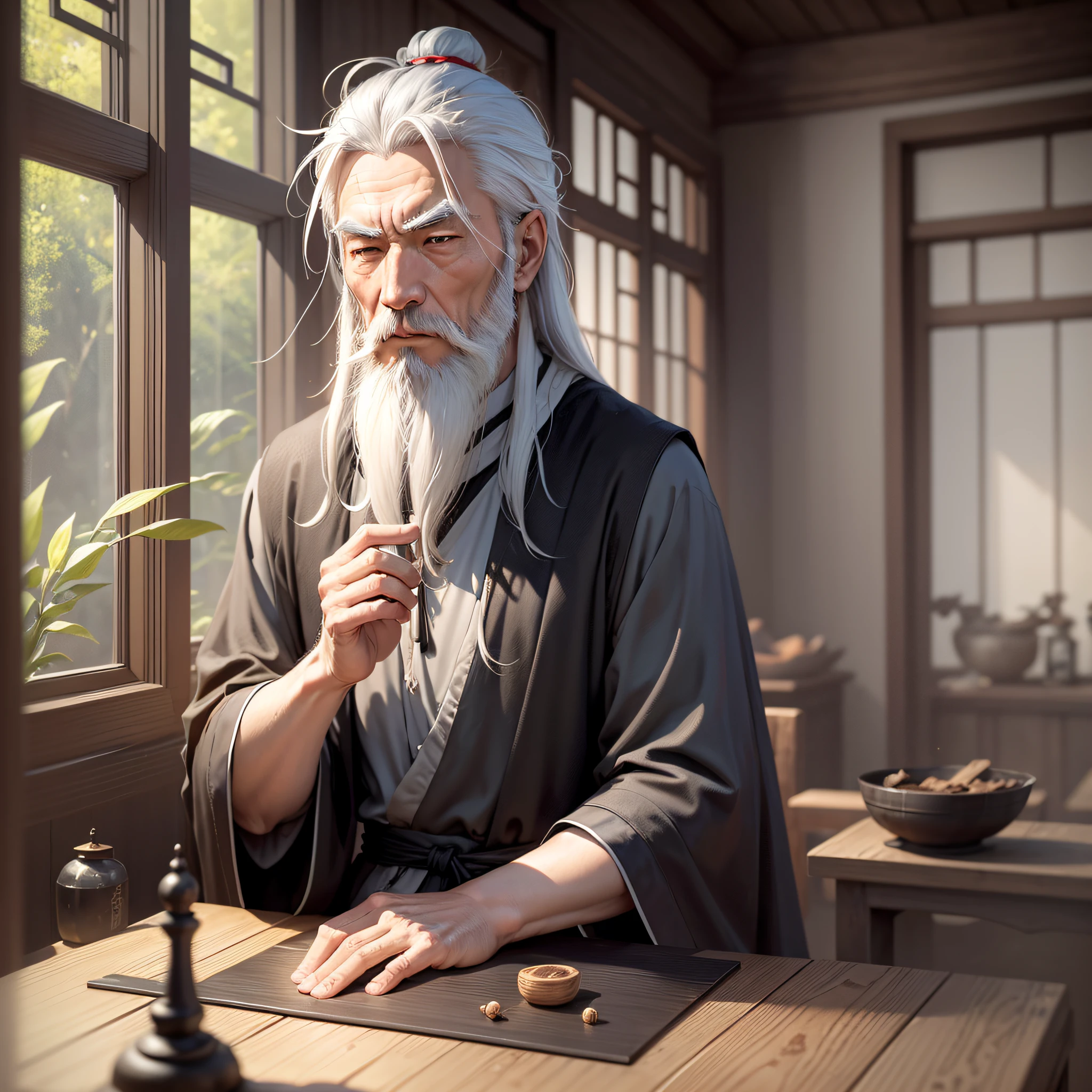 A Chinese sage with white hair and beard, sitting at a wooden table in a small room, wearing black robes, stands on a gray background. He looks thoughtful as if reflecting on something genius. --auto --s2
