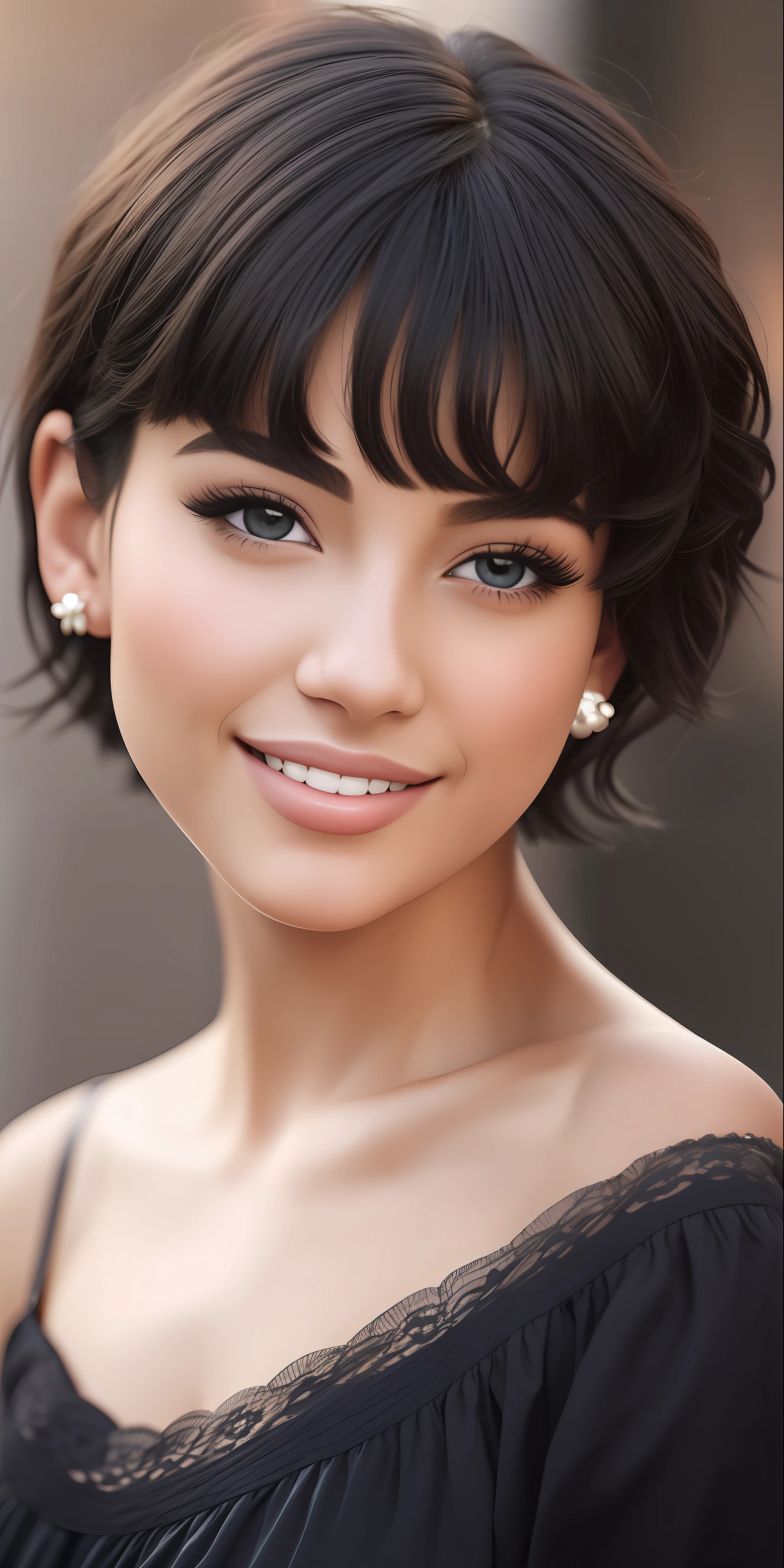 A close-up of the most beautiful girl in the world at 22 years old, gray eyes, short hair , black hair, perfect face, beauty details , beauty smile , full lips, The color of the lips is seductive, Perfect ears, perfect skin, Perfect neck, perfect shoulders, makeup, cinematography, realistic, light lighting, blurry background, accurate facial details,(( The girl's face must be very beautiful for a new character that no one has seen before))