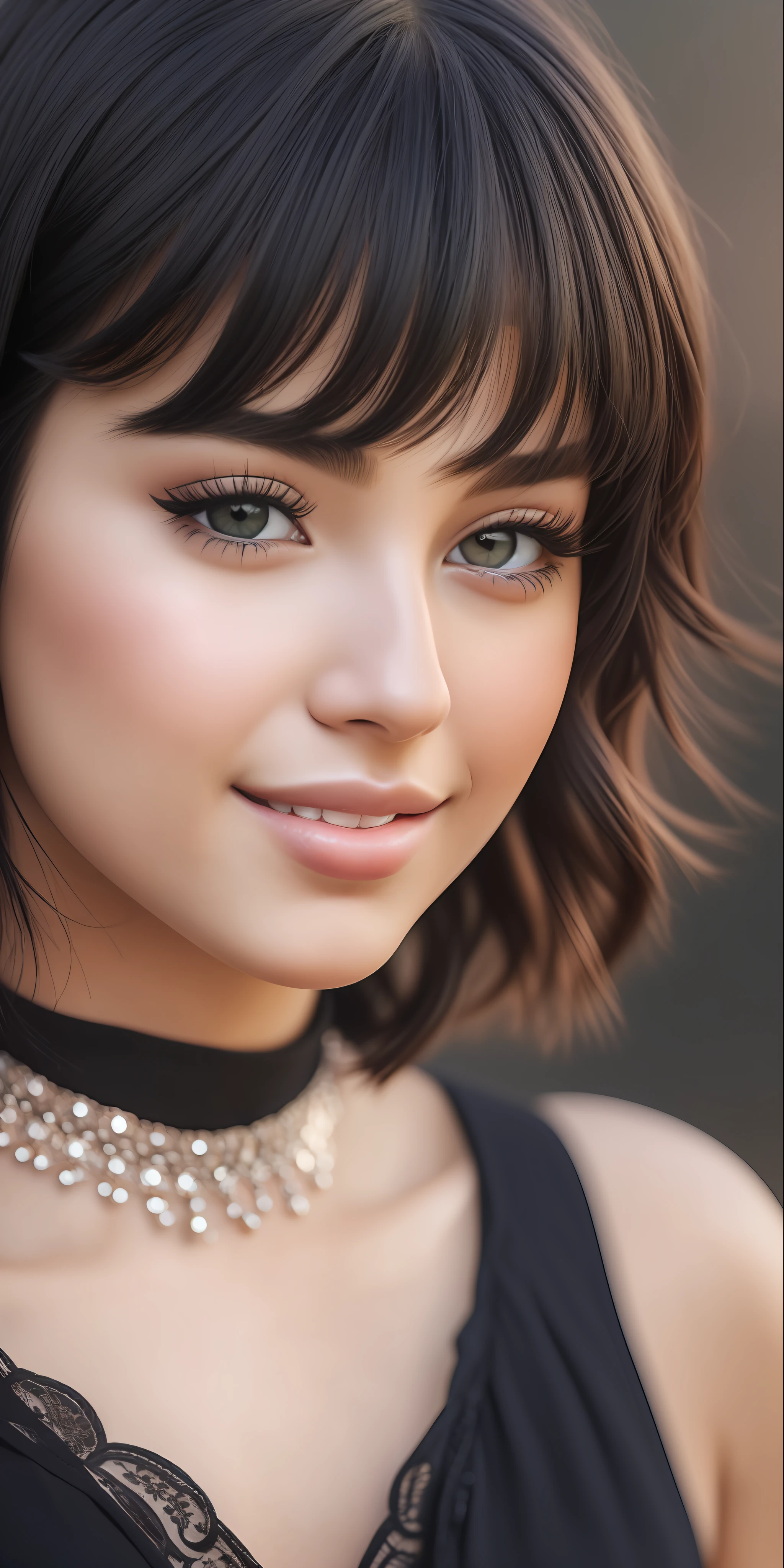 A close-up of the most beautiful girl in the world at 22 years old, gray eyes, short hair , black hair, perfect face, beauty details , beauty smile , full lips, The color of the lips is seductive, Perfect ears, perfect skin, Perfect neck, perfect shoulders, makeup, cinematography, realistic, light lighting, blurry background, accurate facial details,(( The girl's face must be very beautiful for a new character that no one has seen before))