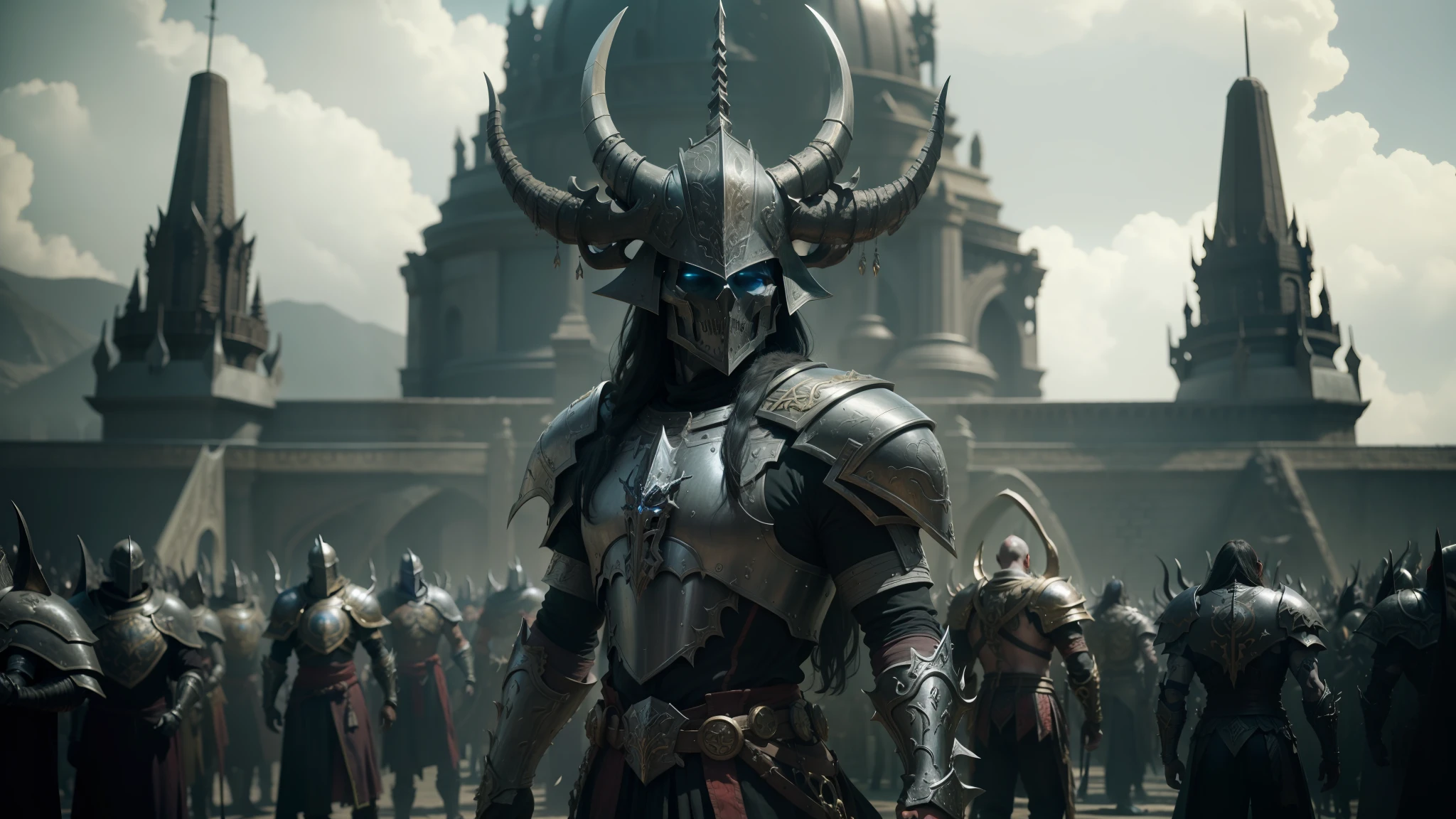 arafed image of a man in armor standing in front of a large group of horned people, grim dark orientalism, diablo 4, in screenshot from the 300 movie, film still from god of war, using leather armour with bones, nekro, undead skeleton king, nekro iii, diablo 2, archaon the everchosen --auto --s2