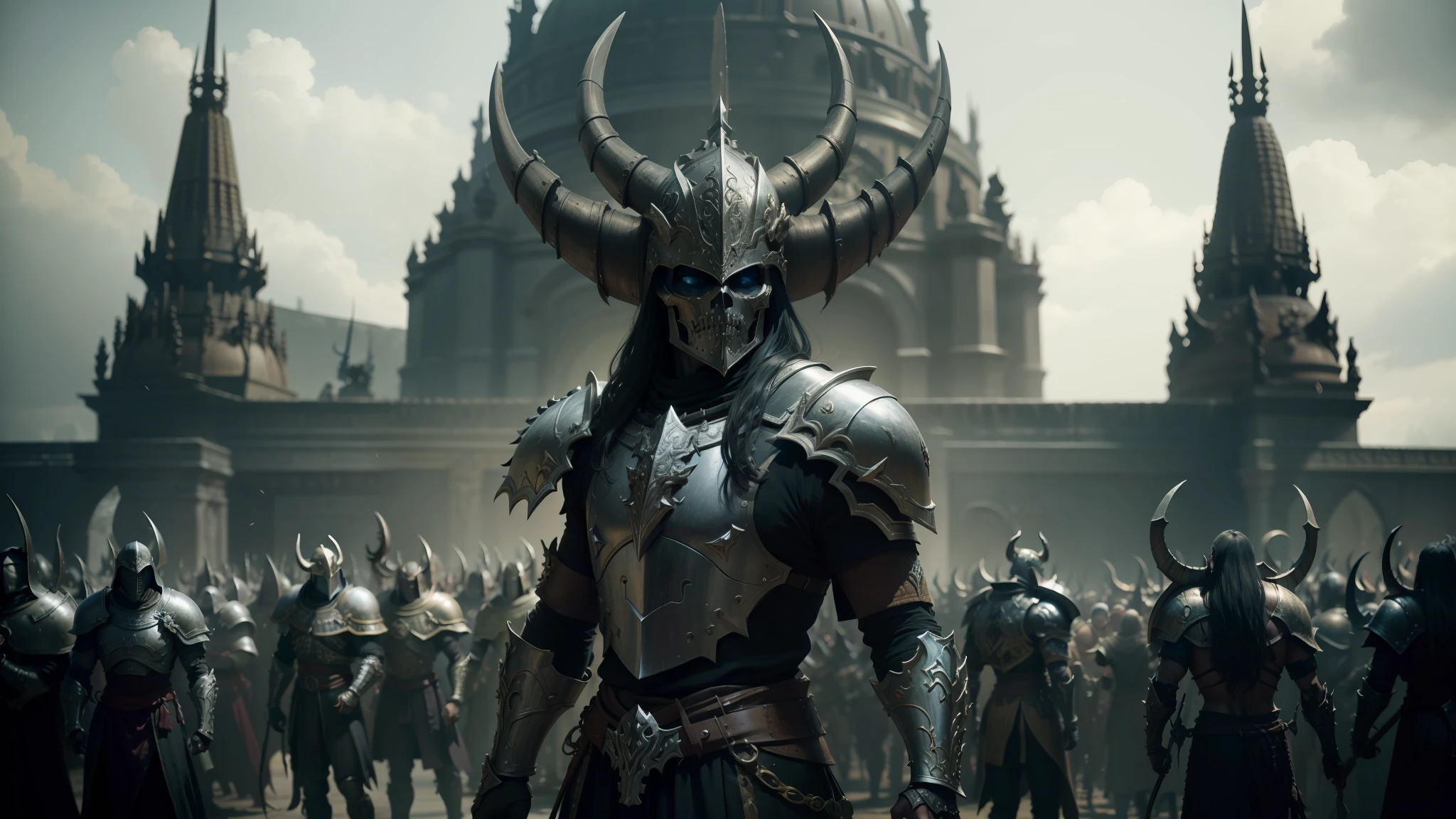 arafed image of a man in armor standing in front of a large group of horned people, grim dark orientalism, diablo 4, in screenshot from the 300 movie, film still from god of war, using leather armour with bones, nekro, undead skeleton king, nekro iii, diablo 2, archaon the everchosen --auto --s2