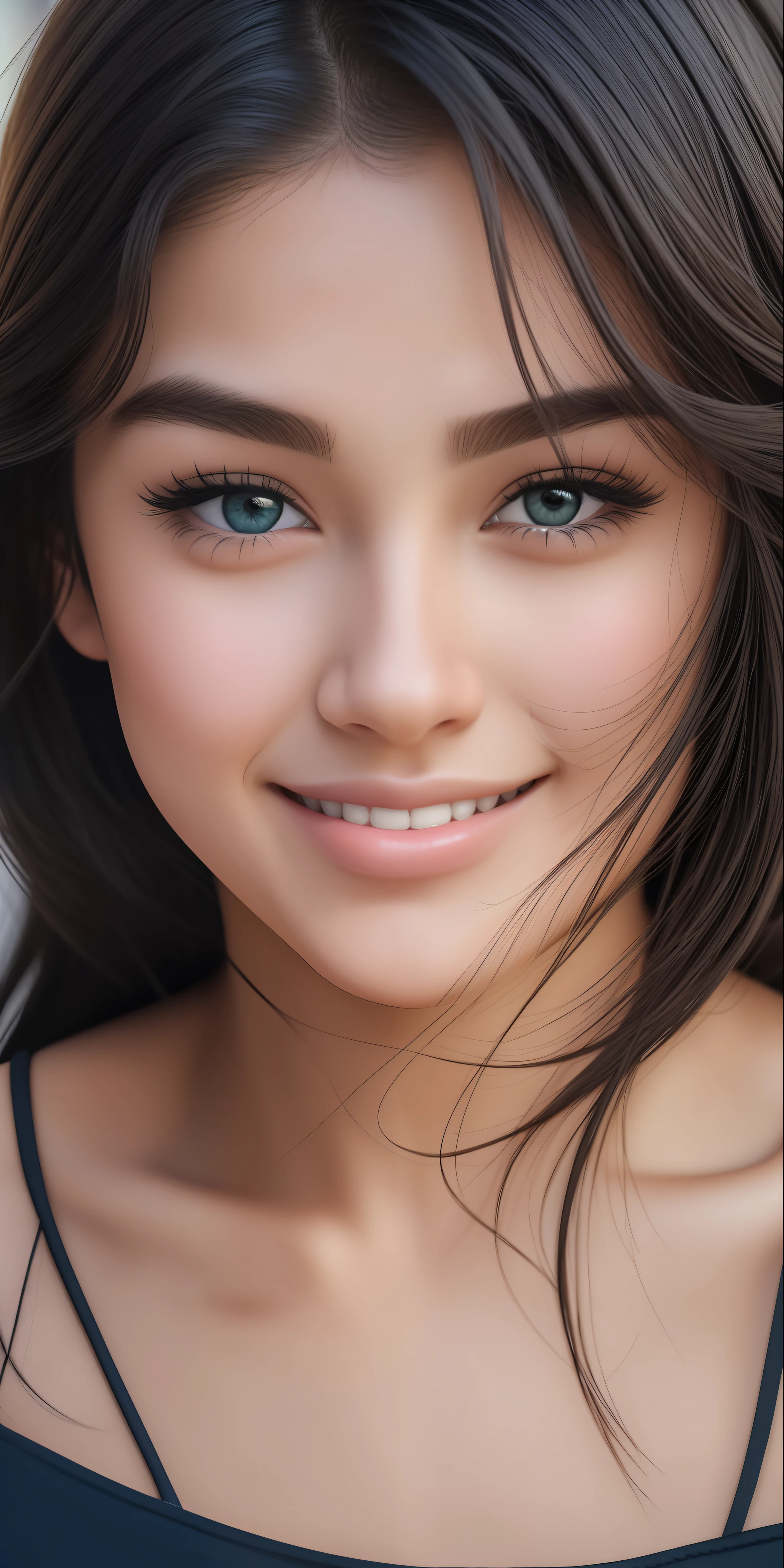 A close-up of the most beautiful girl in the world at 18 years old, gray eyes, short black hair, perfect face, beauty details , beauty smile , full lips, Perfect ears, perfect skin, makeup, cinematography, realistic, light lighting, blurry background, accurate facial details,(( The girl's face must be very beautiful for a new character that no one has seen before))