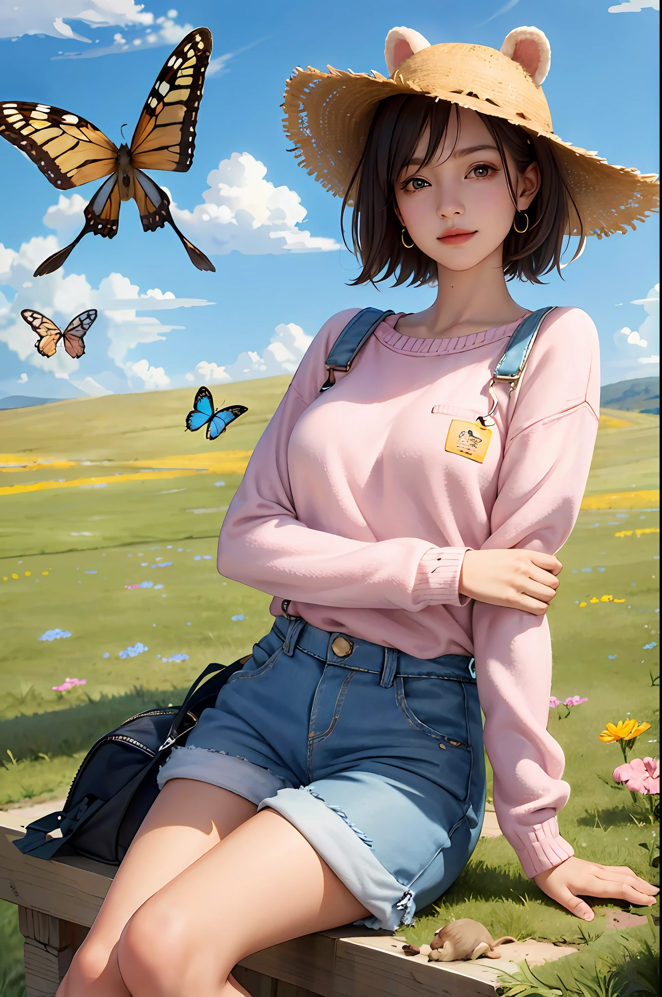 (masterpiece:1.5, best quality:1.5), (hyper realistic:1.5), (photo realistic:1.5), (real picture, intricate details), looking at viewer, (8k wallpaper:1.5) (from knee to head):1.15 ), (Facial Detail: 1.5), (Eye Detail: 1.5), (Sharp Photo), High Detail, Super Detail, Super High Resolution, (Strong Depth of Field: 1.5) Style- Cute and Playful Positioning- Open Scene Background-Blue Sky and White Clouds Main body - little girl in a pink sweater with animal ear hat and holding a teddy bear POV - Front view Appearance - short hair, bright eyes, rosy cheeks Costume - pink sweater, denim overalls, white sneakers, animal ears Hat pose - standing smiling and hugging a teddy bear Detail - wildflowers and tall grass in the background, with butterflies and birds flying around Effect - warm sun shining on the girl, casting a soft glow Description - a cute and innocent girl enjoying her time in open field surrounded by beauty of nature. She is wearing a pink sweater, denim overalls, and a hat with animal ears, holding a teddy bear. The warm sun shone on her, and wild flowers swayed gently in the breeze. Butterflies and birds flutter around her, adding to the playful atmosphere.
