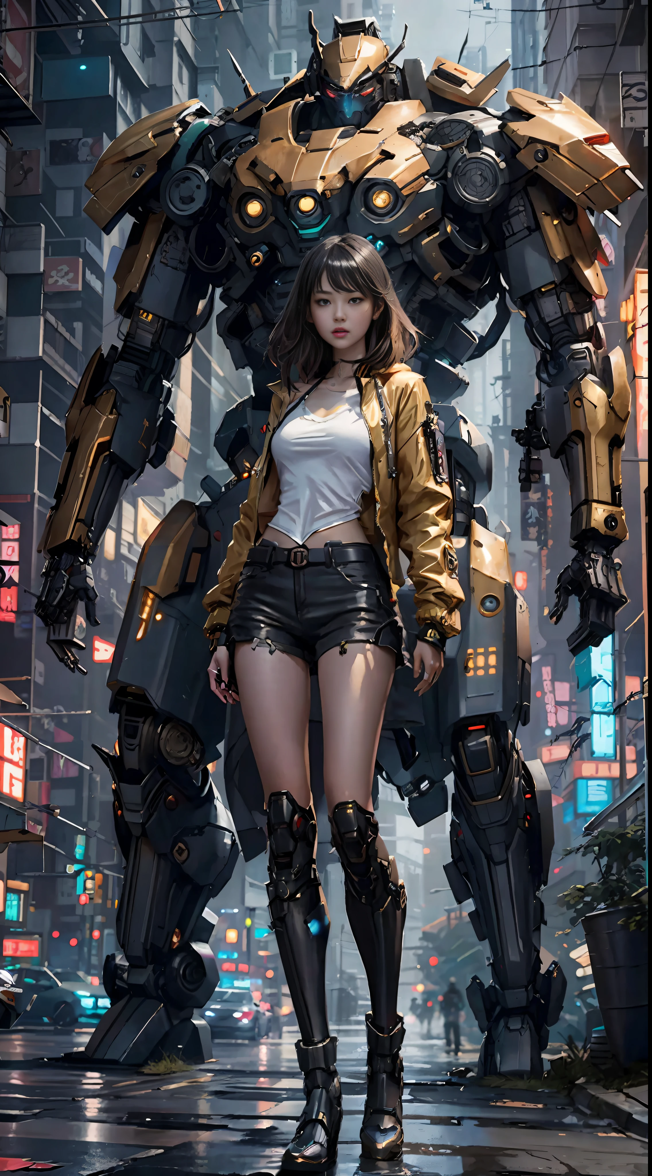 Boutique,best quality,Gold jewelry,(slip out feet),Fairy skin,(Fidelity :1.2),Standing,Super Detailed,realistic,High quality,Movie Light,Ray tracking,Ultra HD,Upper body
Girl in shorts and jacket standing next to giant robot, Guweiz style artwork, CyberPunk mech, Trends on CGSTATION, Guweiz, Russell Dongjun Lu, digital cyberpunk anime art, Ross Tran 8 K, Guweiz on ArtStation Pixiv, Girl in mecha network armor