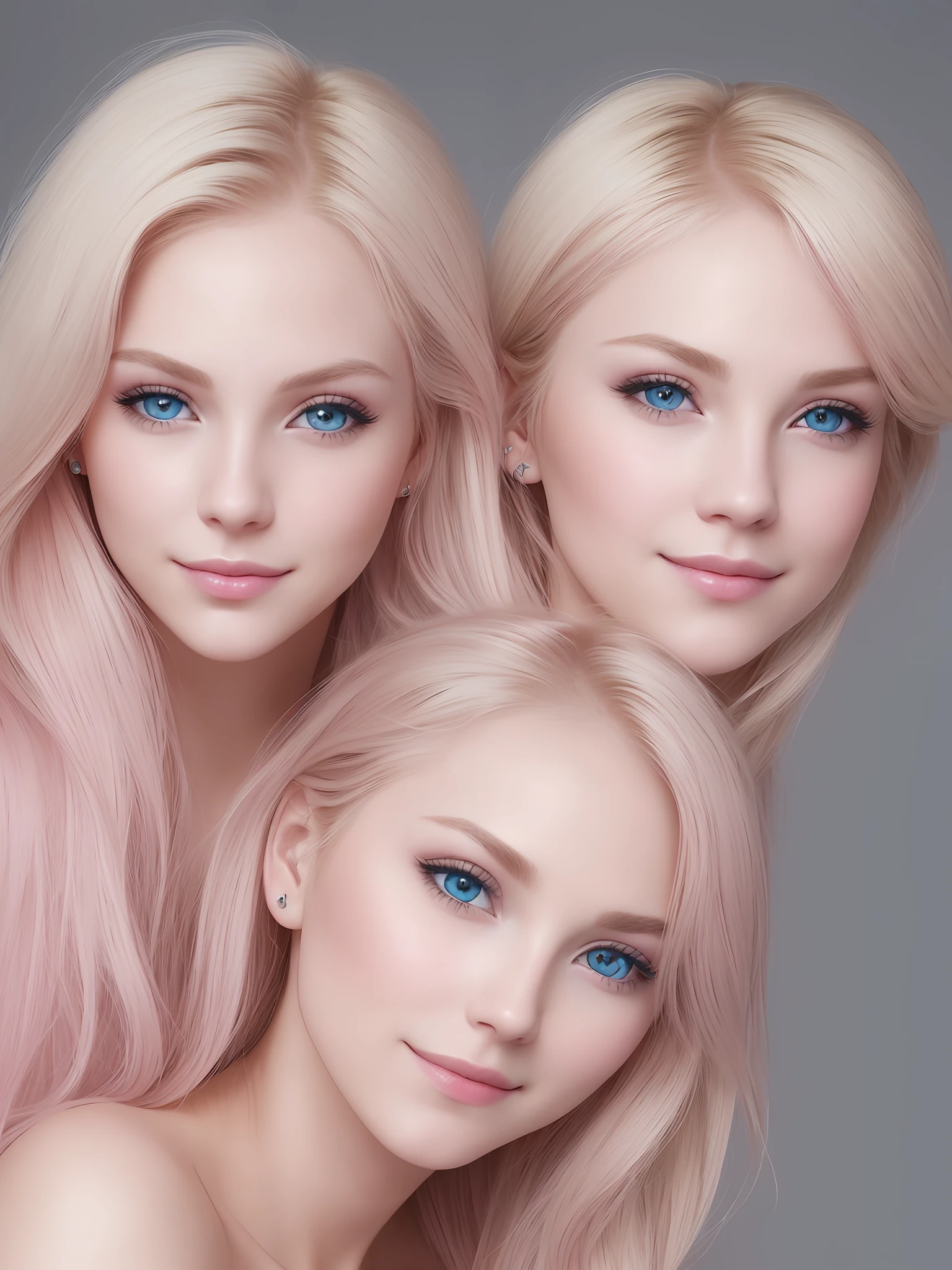 (blond hair:1.2, pink makeup, bright blue eyes, innocent smile: 1.3, slim nose, young adult woman, prominent veins on face: 1.4)