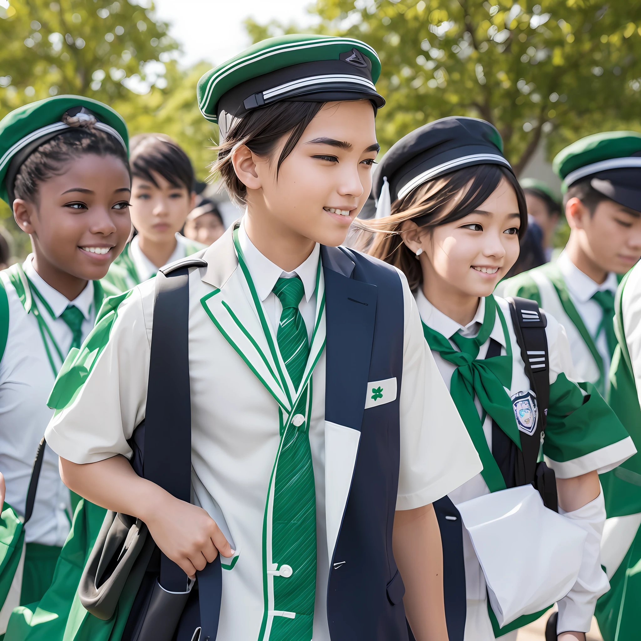 Several students leaving a school in white and green uniforms. --auto --s2