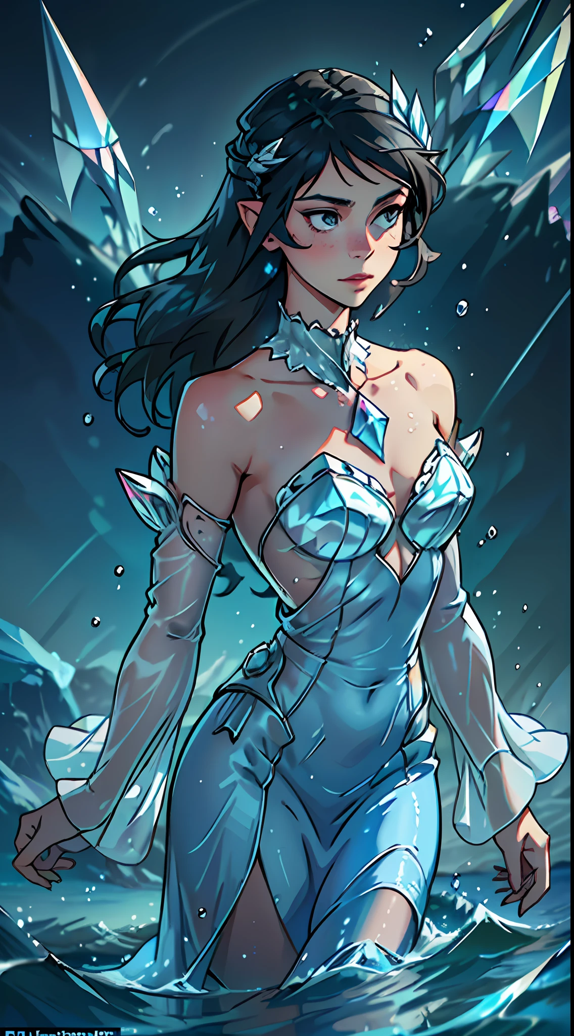 (masterpiece, high quality, best, formal art, beautiful and aesthetic, long exposure: 1.2), smooth movement, charming patterns, 1 girl, (without cleavage: 1.4), (long dress with sleeves: 1.3), long blue dress, (small breasts: 1.2), bare shoulders, adult Russian woman, freckles, black frontal hair full growth, solo, looking at the observer, detailed background, detailed face, (crystallineAI, crystal theme: 1.1), elemental water sprite, Rotating Water, Water Control, Diamond Clothing, Dynamic Posture, Floating Particles, Ethereal Dynamics, Water, Steam, Ocean in the Background, Blue Tint, Coast, Ethereal Atmosphere, Comics Style