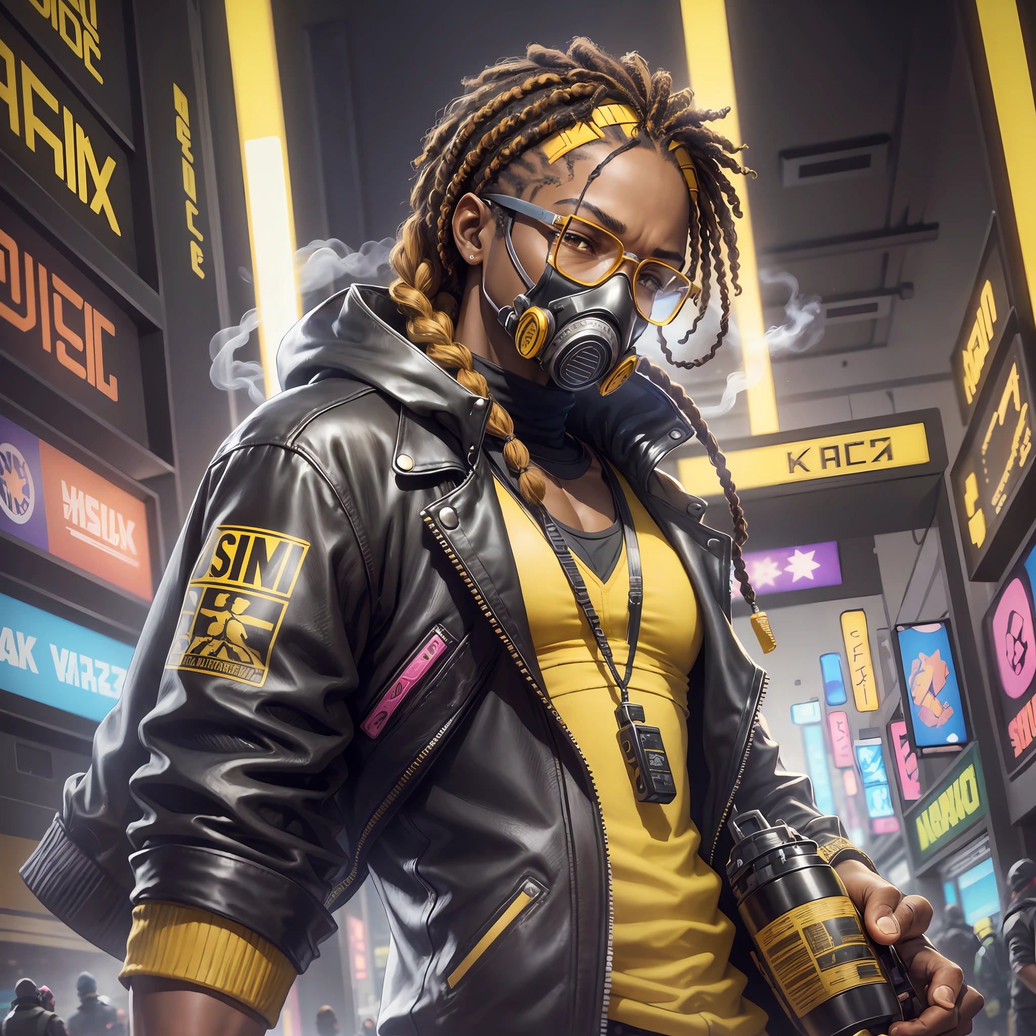 1 man, African, (((detailed face)))), ((HD IMAGAGE)), braided hair, medium hair, tied hair, prescription glasses, dark brown eyes, toned skinny, clothing: black leather vest, yellow pants, all starr sneakers, headband, gloves, hacker phone, gas mask, Landscape: toxic smoke around, cyberpunk, arcade, gamer --auto --s2