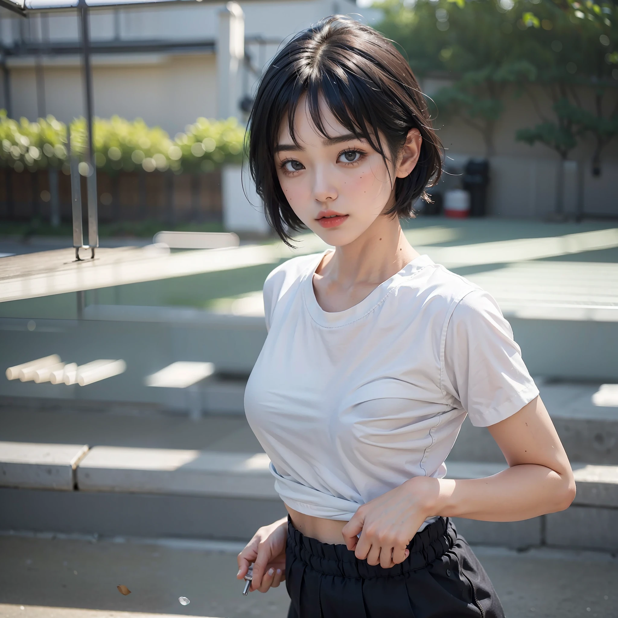 The highest quality, masterpiece, ultra-high resolution, (photorealistic photo: 1.4), watching the viewer, Japan female idol, during physical education class, large white shirt, dark blue bloomers, beautiful black hair, nice short hair, beautiful black eyes,