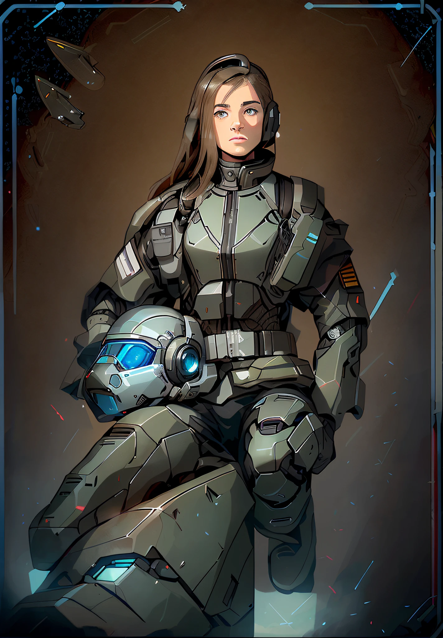 a close up of a person in a uniform holding a helmet, sci - fi pilot, clothed in sci-fi military armor, soldier girl, mechanized soldier girl, infantry girl, soldier, pilot outfit, pilot girl, soldier outfit, sci - fi character, in a dark space mercenary outfit, combat suit, clothed in military armor