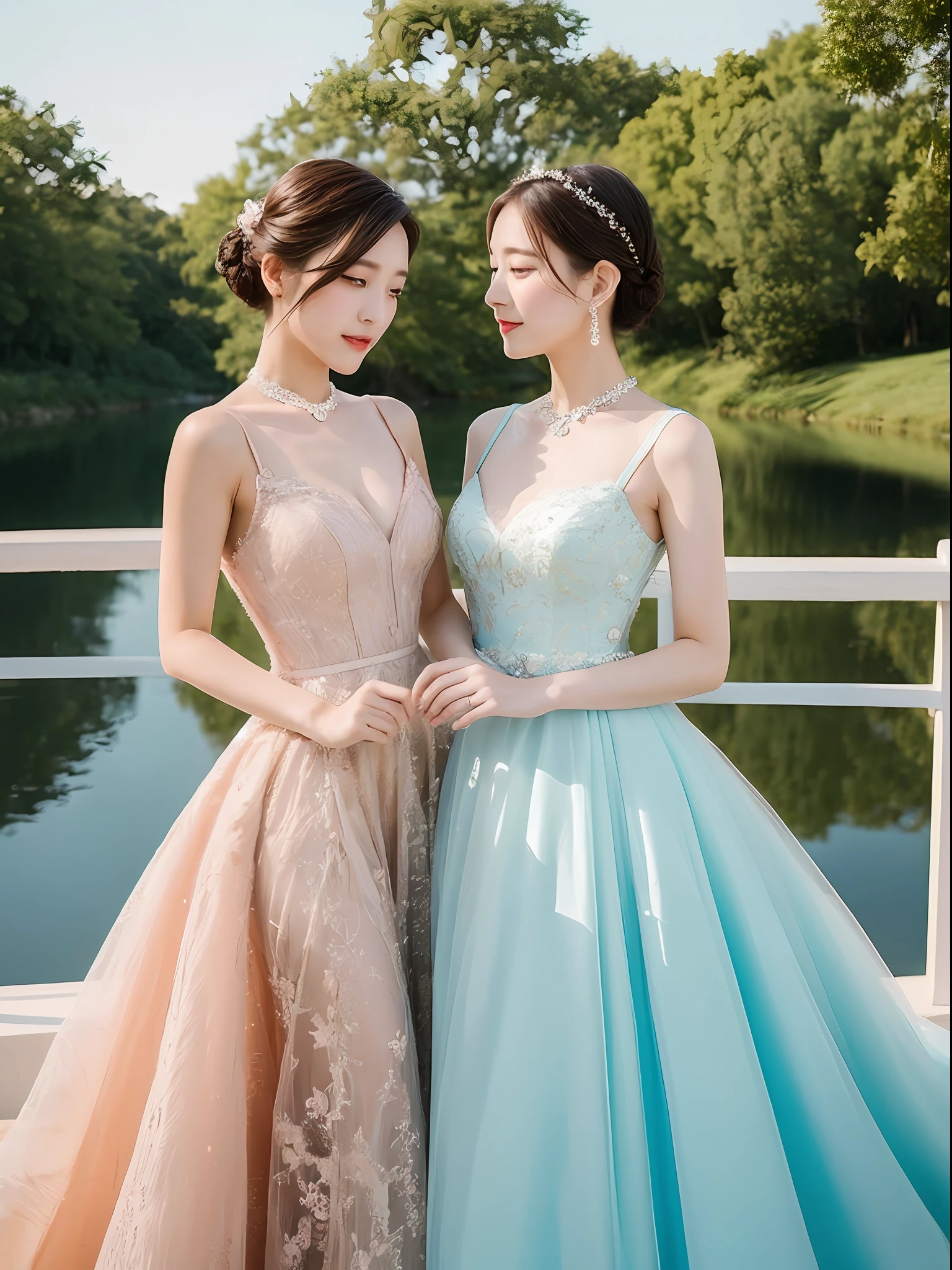 Two elegant lesbian couple girls in beautiful dresses