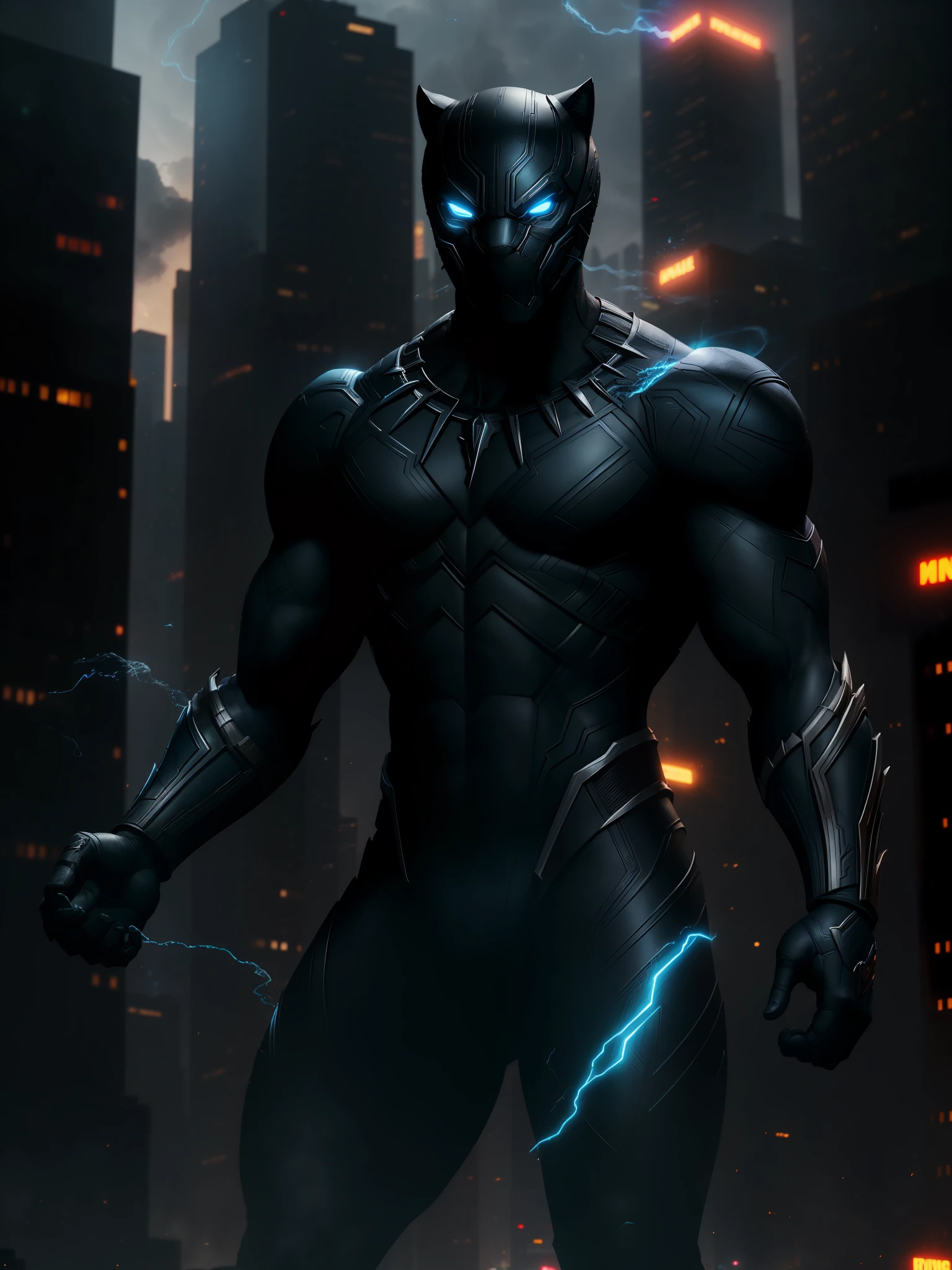 Scene from the movie, Black Panther from Marvel, extremely detailed, futuristic cityscape, nighttime, glowing neon lights, smoke, sparks, metal shavings, flying debris, blue energy effects, volumetric light
