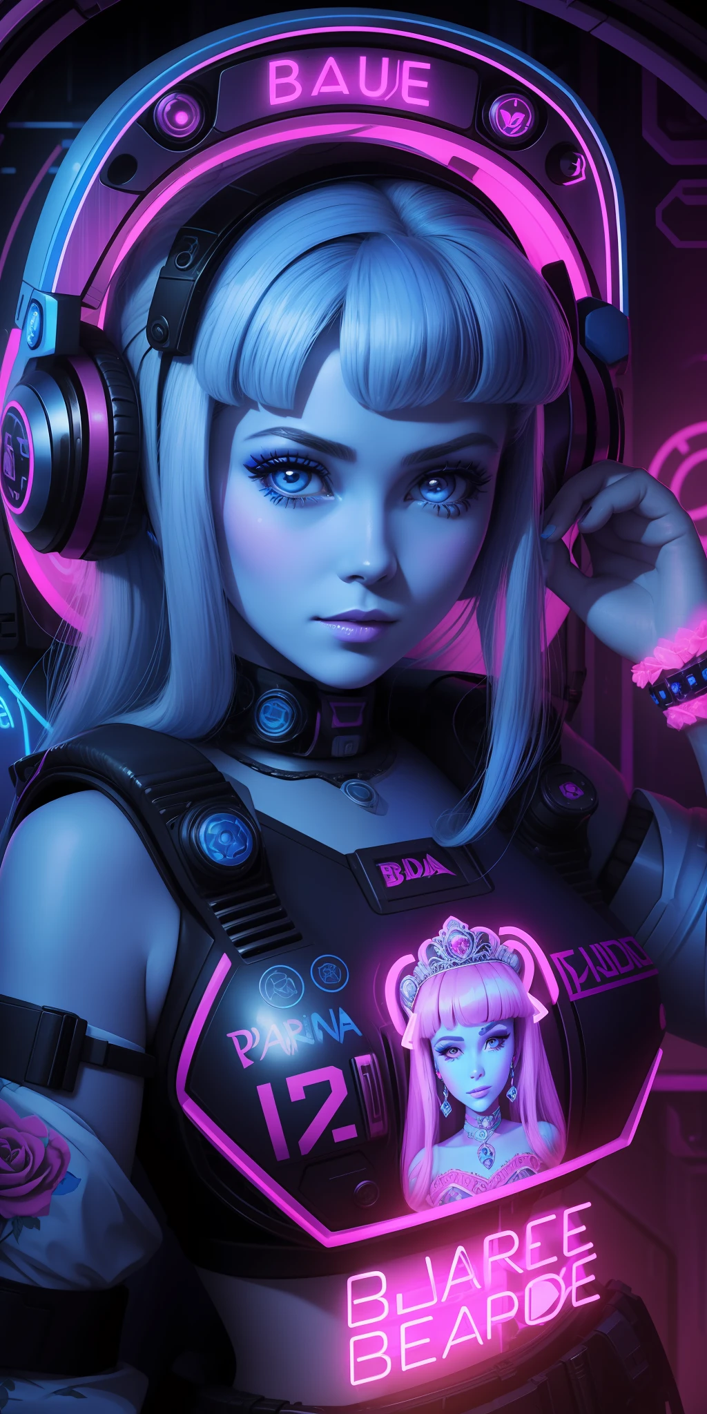 A sticker of a princess's face with roses around her eyes and the words bearale on it by Shepherd Ferry (cyberpunk blue) (neon) ((Barbara Eden style She is 12 years old blue))
