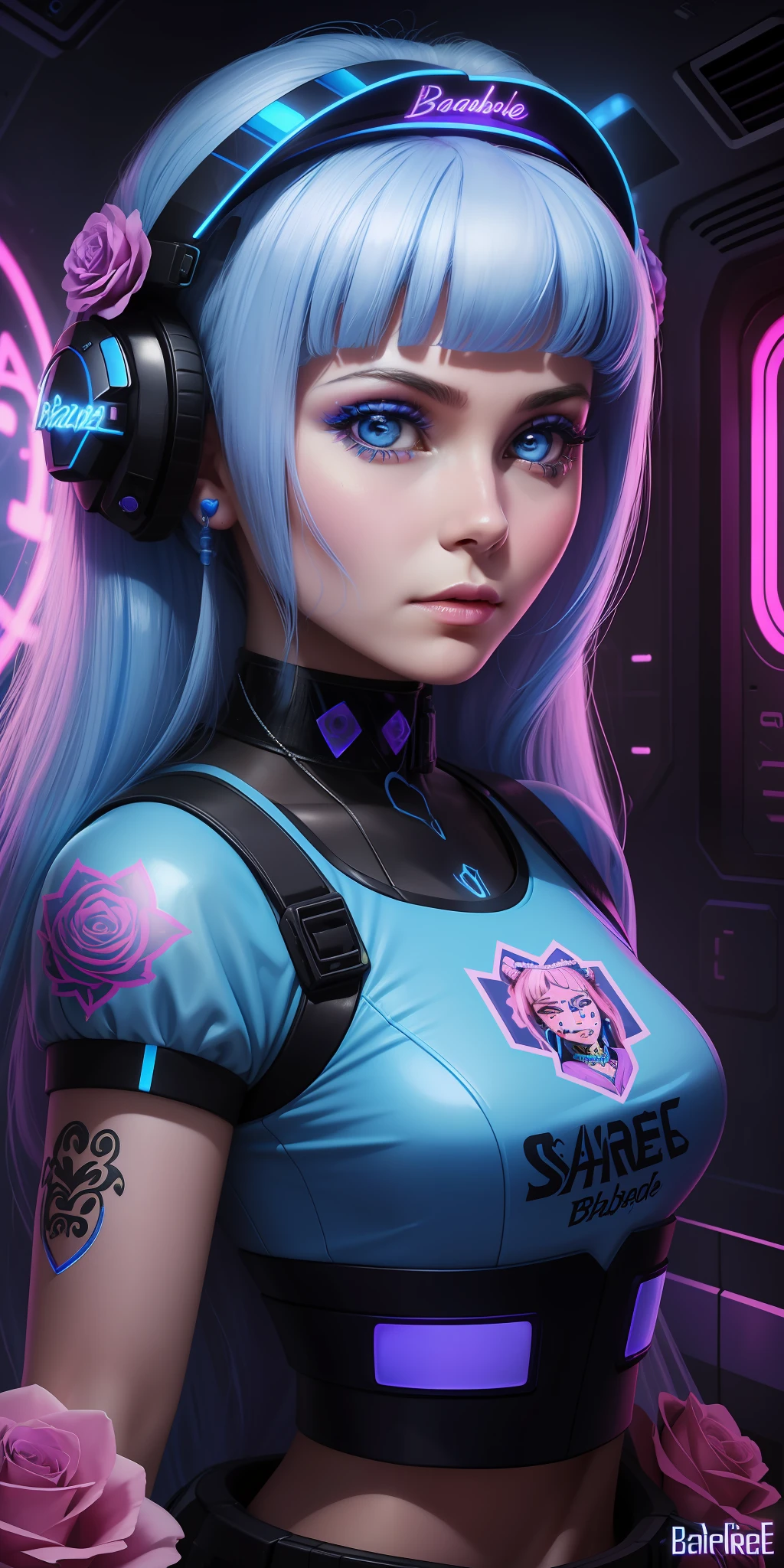 A sticker of a princess's face with roses around her eyes and the words bearale on it by Shepherd Ferry (cyberpunk blue) (neon) ((Barbara Eden style She is  blue))