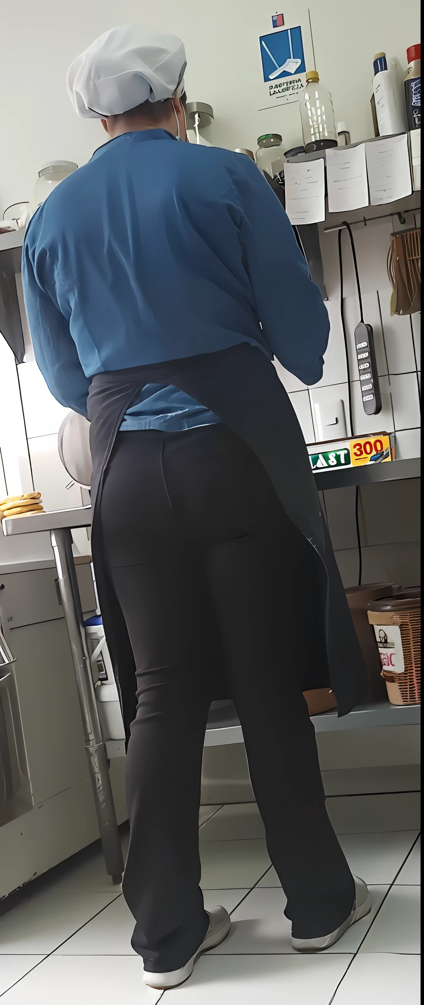 there is a woman standing in a kitchen with a pan on the counter, bending over, somewhat bent over, close up to a skinny, close-up shot from behind, toned derriere, at the counter, black extremely tight jeans, black leggins, tight fit, uhd candid photo of dirty, in the kitchen, view from behind, seen from behind