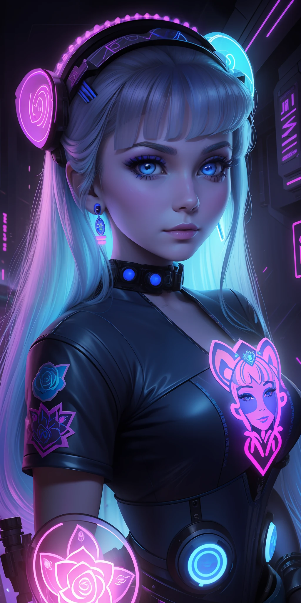 A sticker of a princess's face with roses around her eyes and the words bearale on it by Shepherd Ferry (cyberpunk blue) (neon) ((Barbara Eden style She is 12 years old blue))