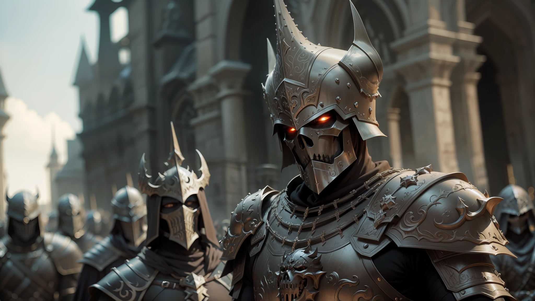 there are many people dressed in costumes and helmets in a parade, undead soldiers in background, still from a fantasy movie, from overlord, plated armor intricate, ornate gothic armor, using leather armour with bones, detailed fantasy armor, gothic armor, henry cavill as arthas menethil, dark fantasy character design, realistic armor, berserk skullknight black armor --auto --s2
