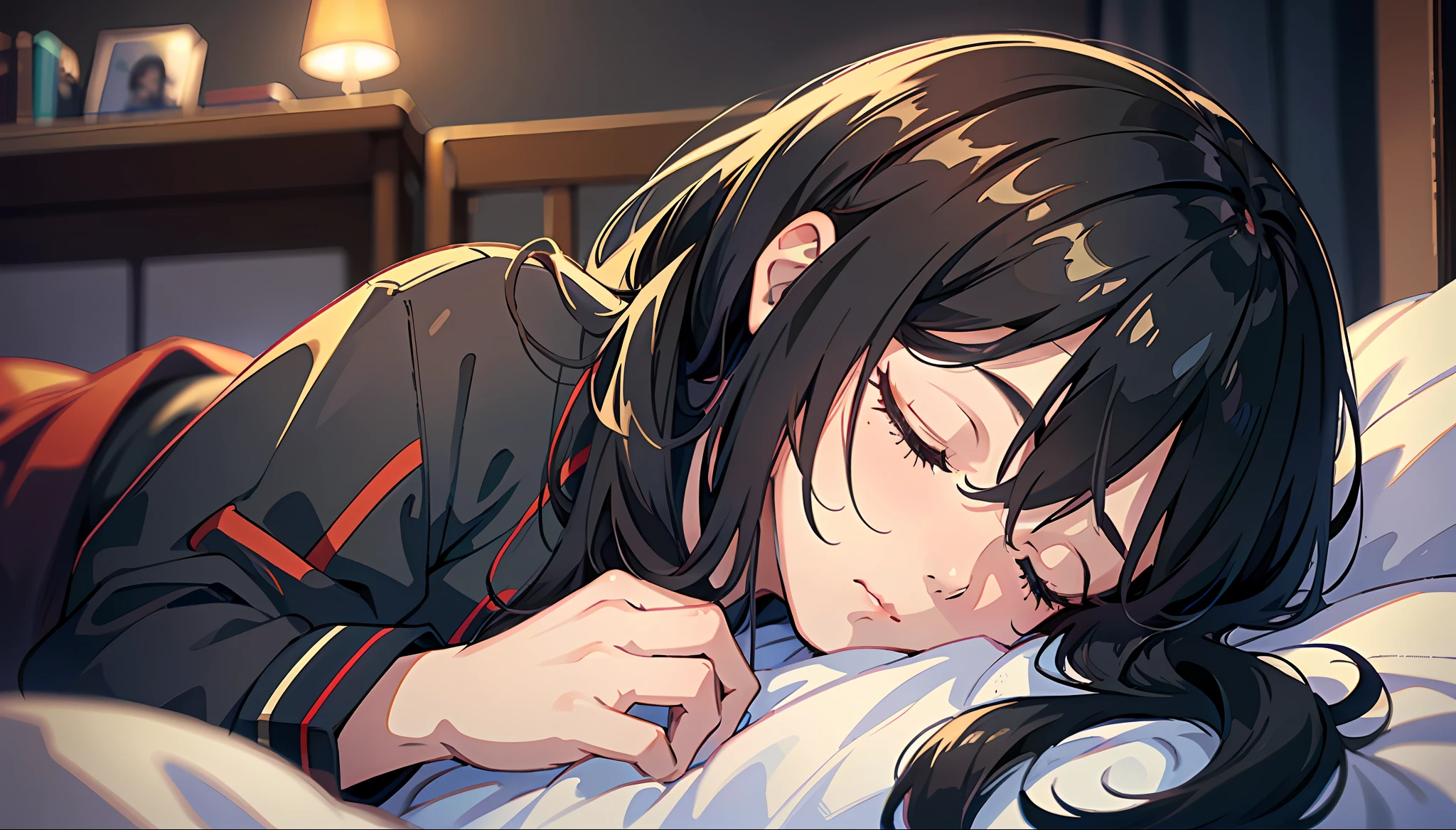 1girl, solo, long hair, black colored hair, hyper details, sleeping on a bed in a room, bedroom, eyes closed, detailed face, detailed hair, night, masterpieces, HD, high quality, best quality, highres, high quality, high details, masterpiece, anime style