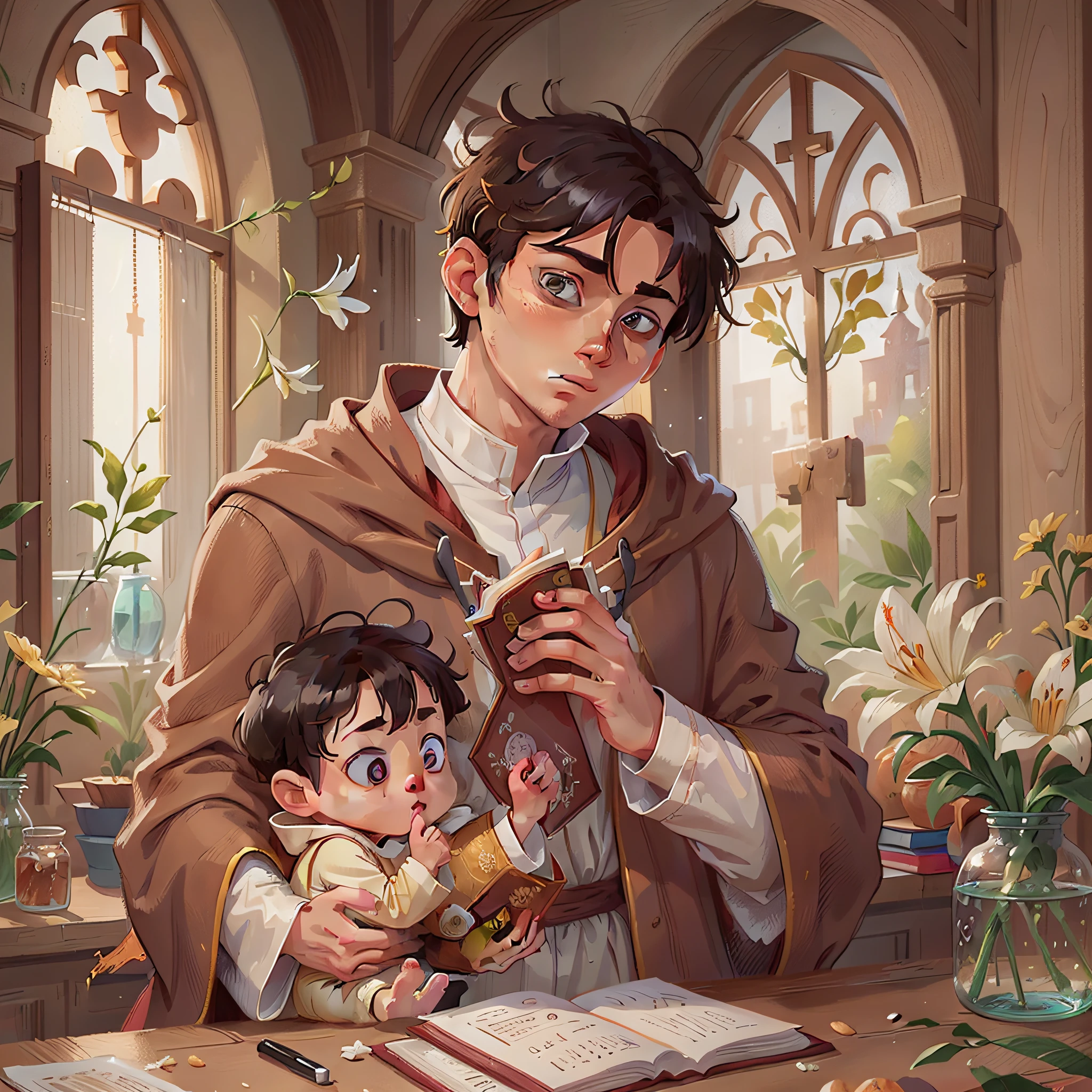 A young man, clerical robes, aura of holiness, wearing a brown Franciscan habit, holding a baby in his arms, looking at the baby, eyes staring at the baby, jar of lily flowers, an open book, levas, bread on the table.