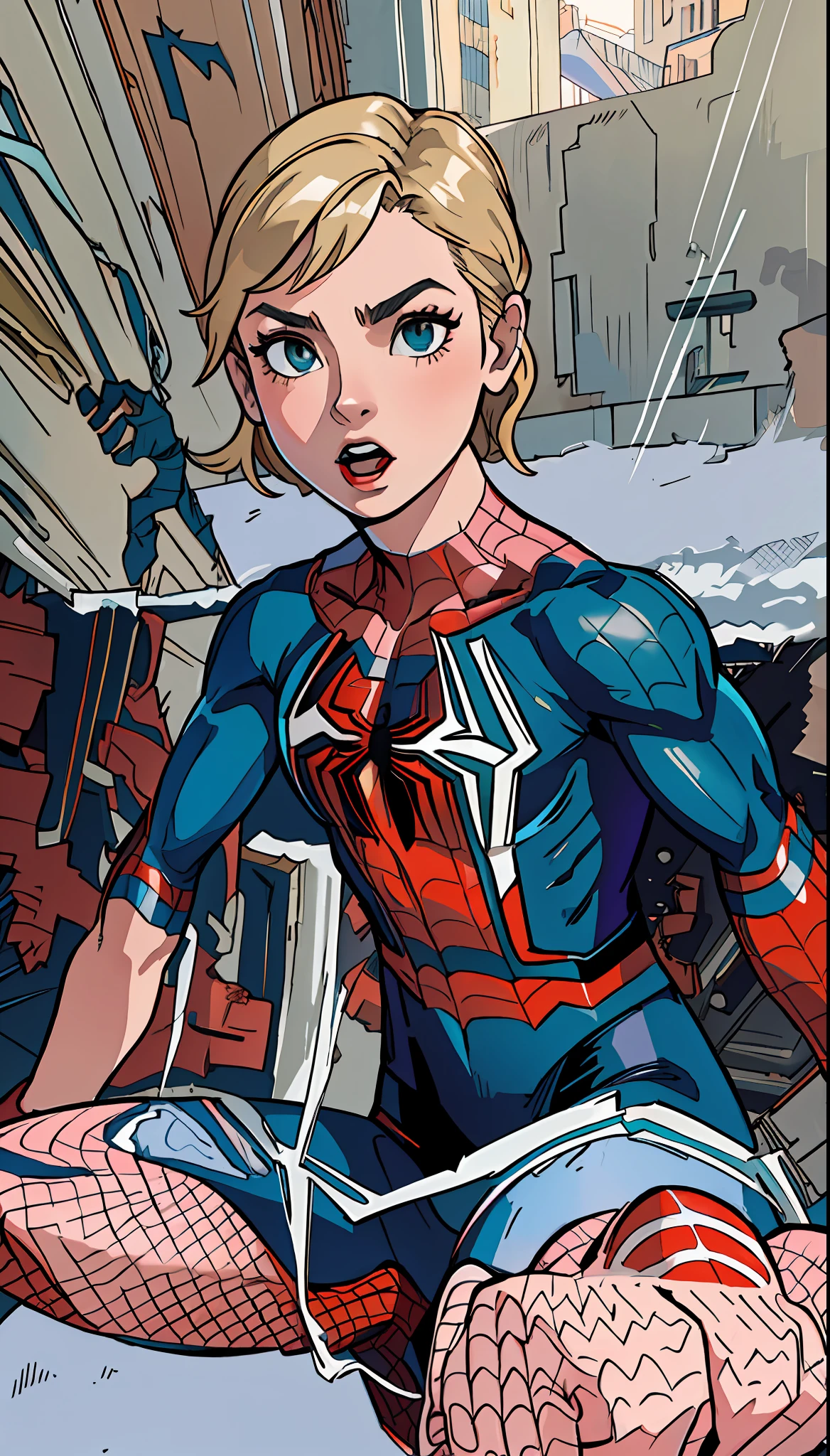 Spider-Man female cosplay, defined body, ultra-detailed, Beautiful woman, small breasts, dynamic pose, high quality, perfect lighting, muscle details, uniform cloth with heavy texture, chromatic balance, depth effect, realistic shadows.