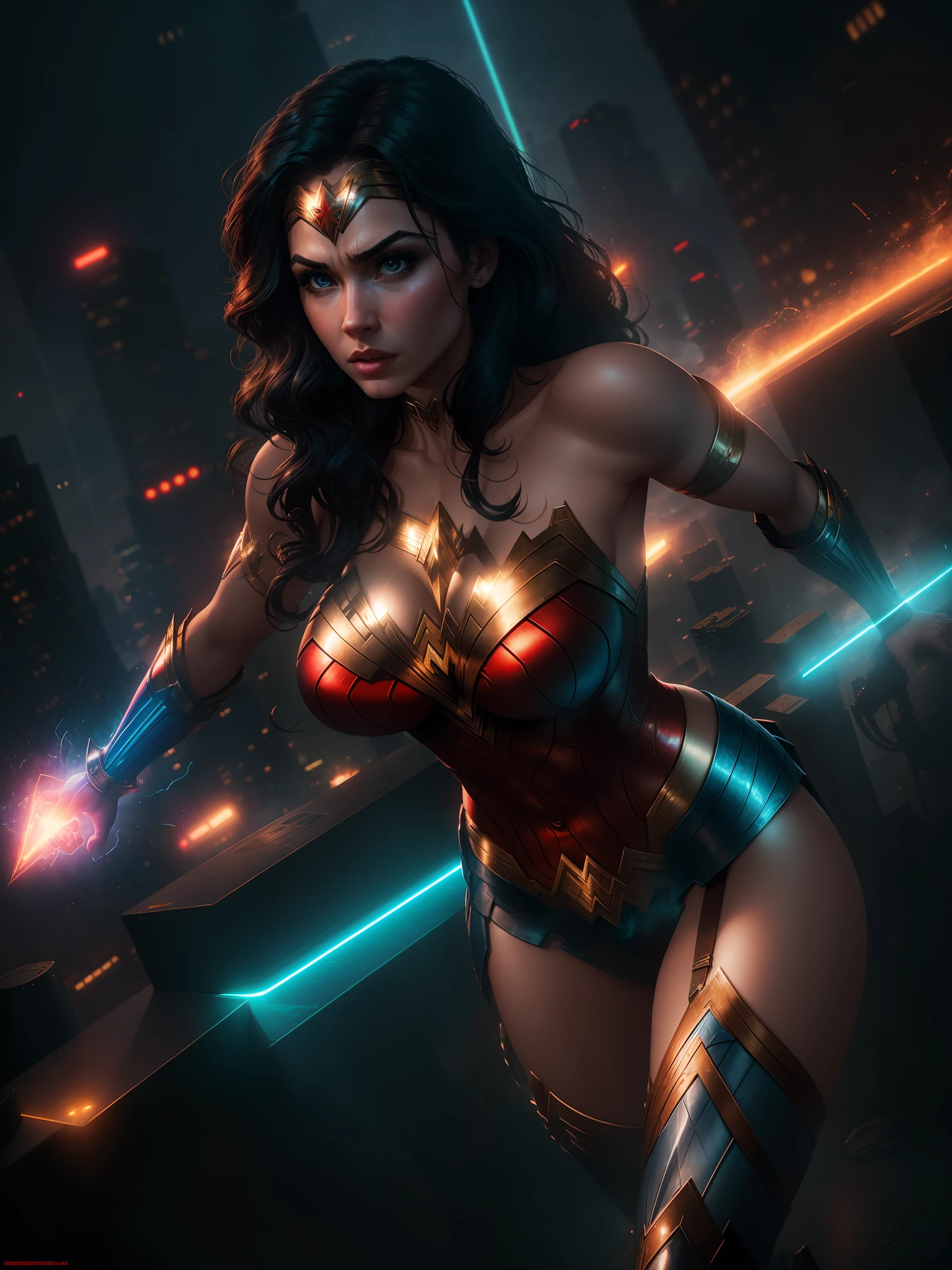 Scene from the movie, Sexy Wonder Woman from DC, big boobs, extremely detailed, futuristic cityscape, nighttime, glowing neon lights, smoke, sparks, metal shavings, flying debris, blue energy effects, volumetric light
