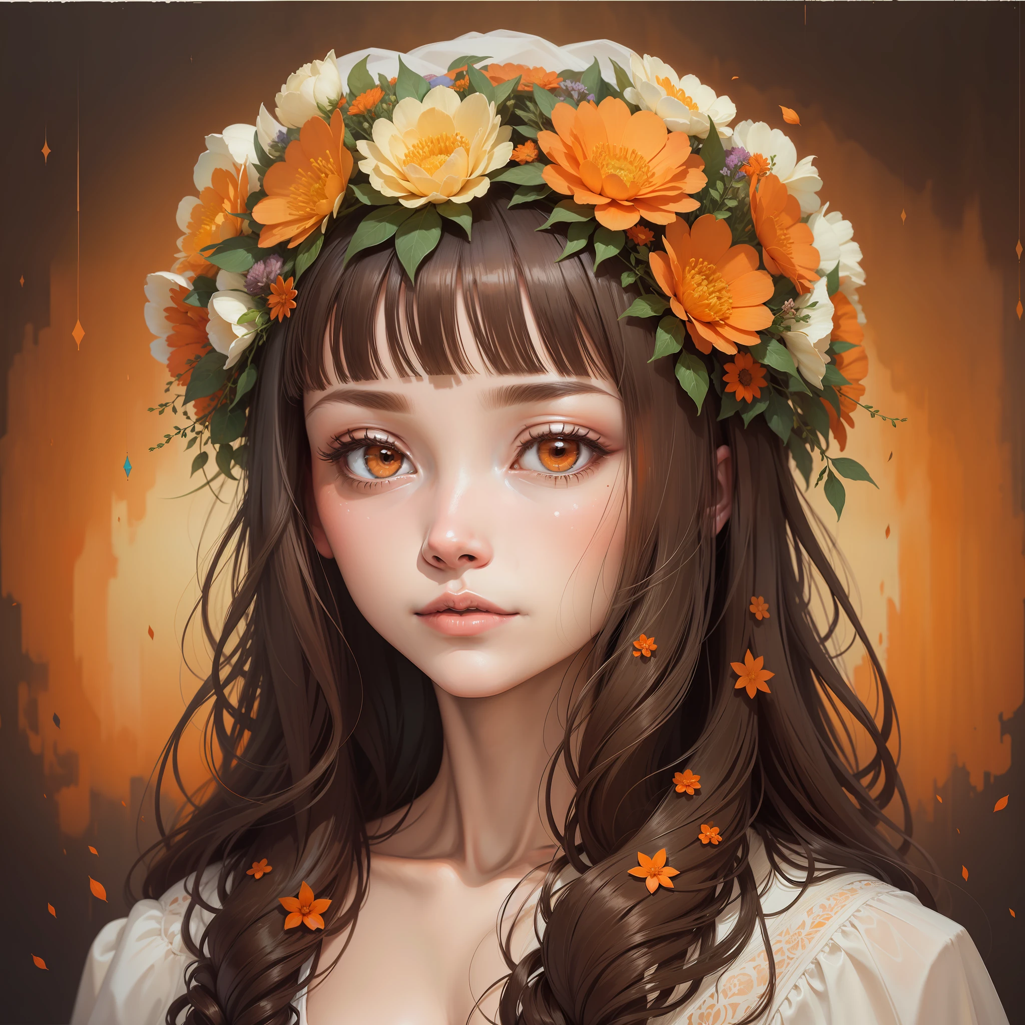 lady with flowers on her head is an acrylic painting, in the style of lucy glendinning, tony diterlizzi, organic and naturalistic compositions, floral explosions, ferris plock, light orange and brown, serene faces --ar 3:4 -