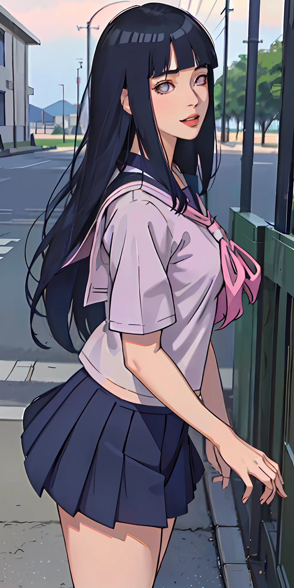 highres, ultra detailed), masterpiece, hinata\(boruto\), solo, 1girl,medium breasts, (((high school))), ((((high school attire)))), smile, (((long hair))), blink blink effect, (((detailed lips))), knee crop, school building, from side, (((dark blue hair))) standing, looking at someone far away, calm girl
