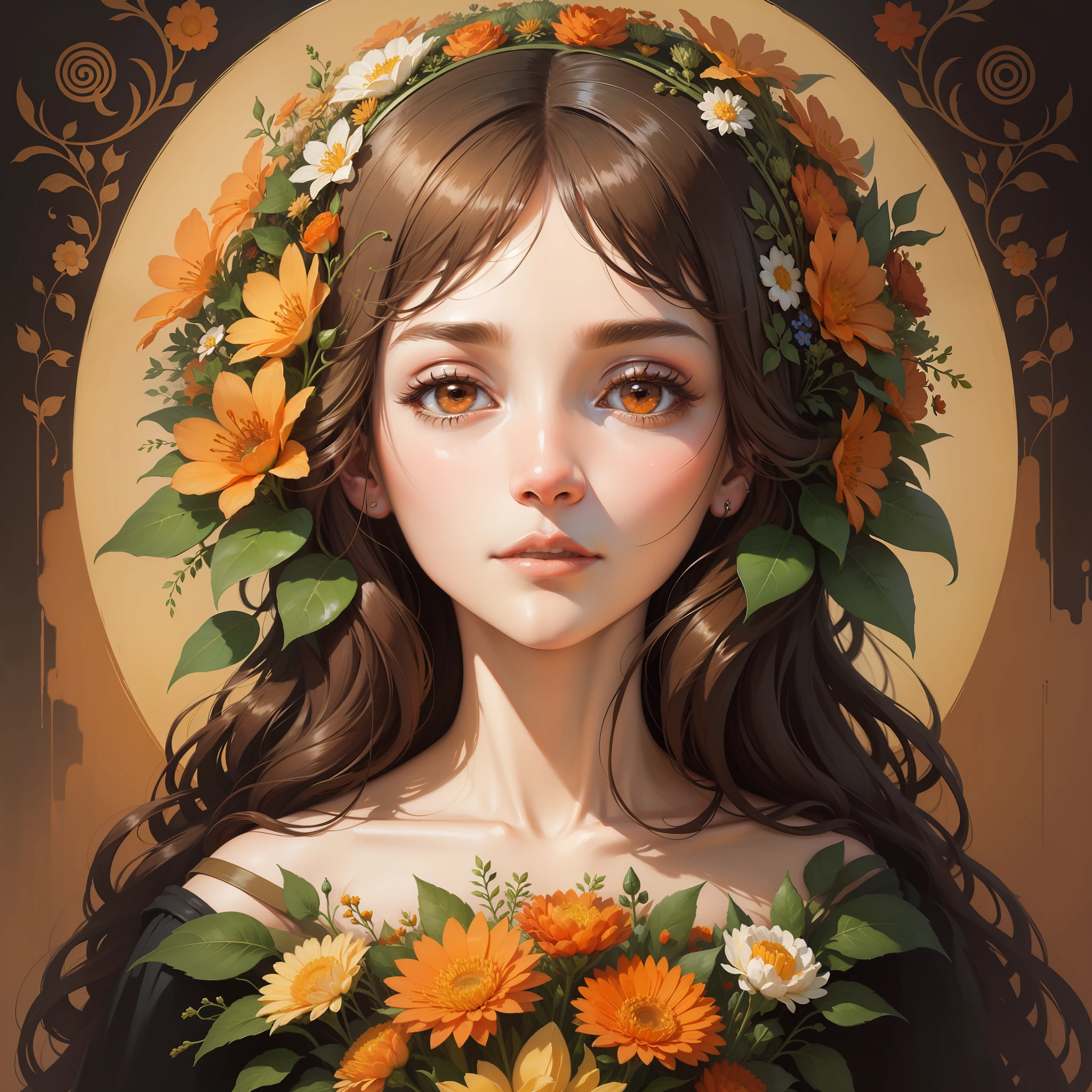 lady with flowers on her head is an acrylic painting, in the style of lucy glendinning, tony diterlizzi, organic and naturalistic compositions, floral explosions, ferris plock, light orange and brown, serene faces --ar 3:4 -