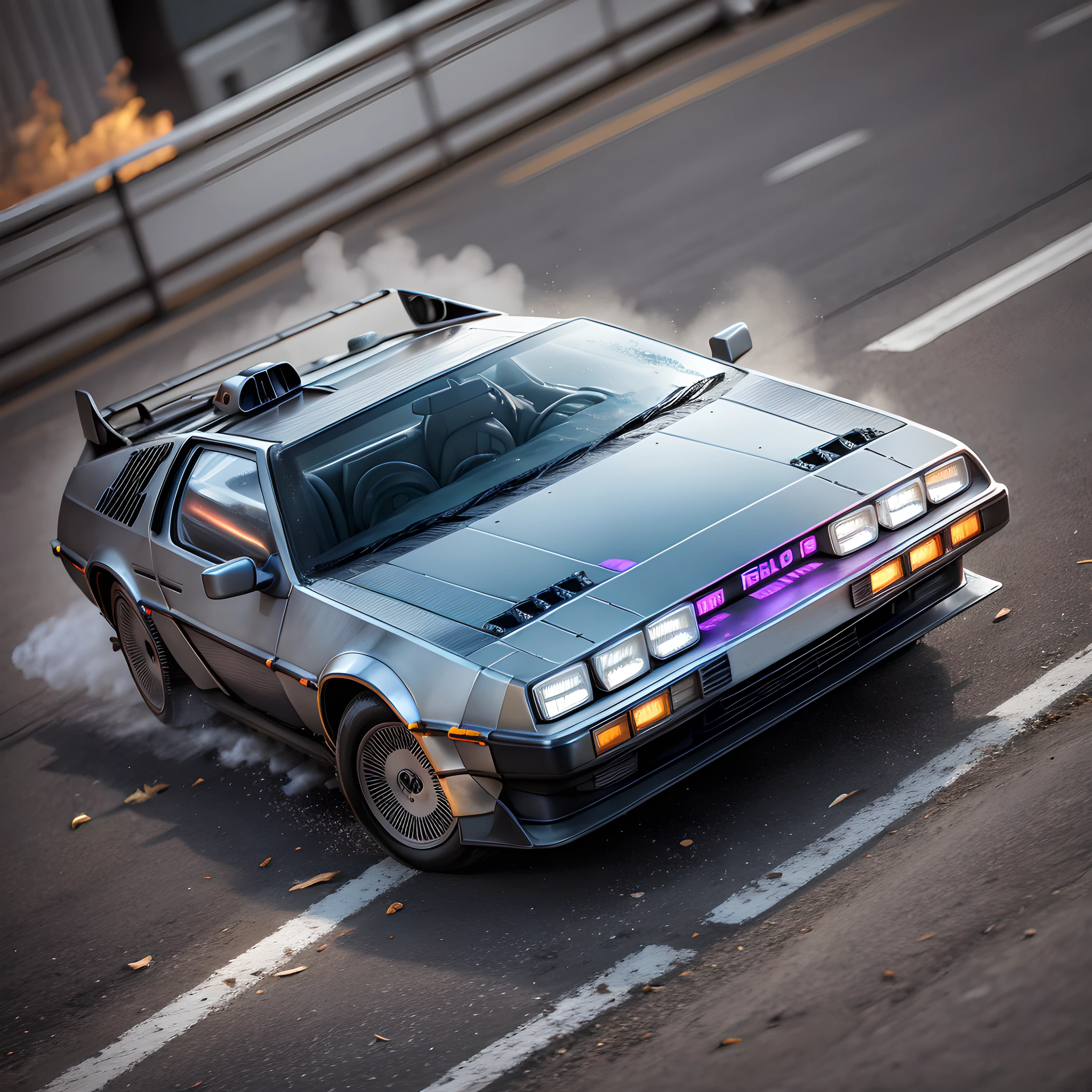 "Delorean: 1.4 | silver: 1.2 | high speed, dynamic angle: 1.3 | leaving flames behind, asphalt backdrop: 1.1" --auto --s2