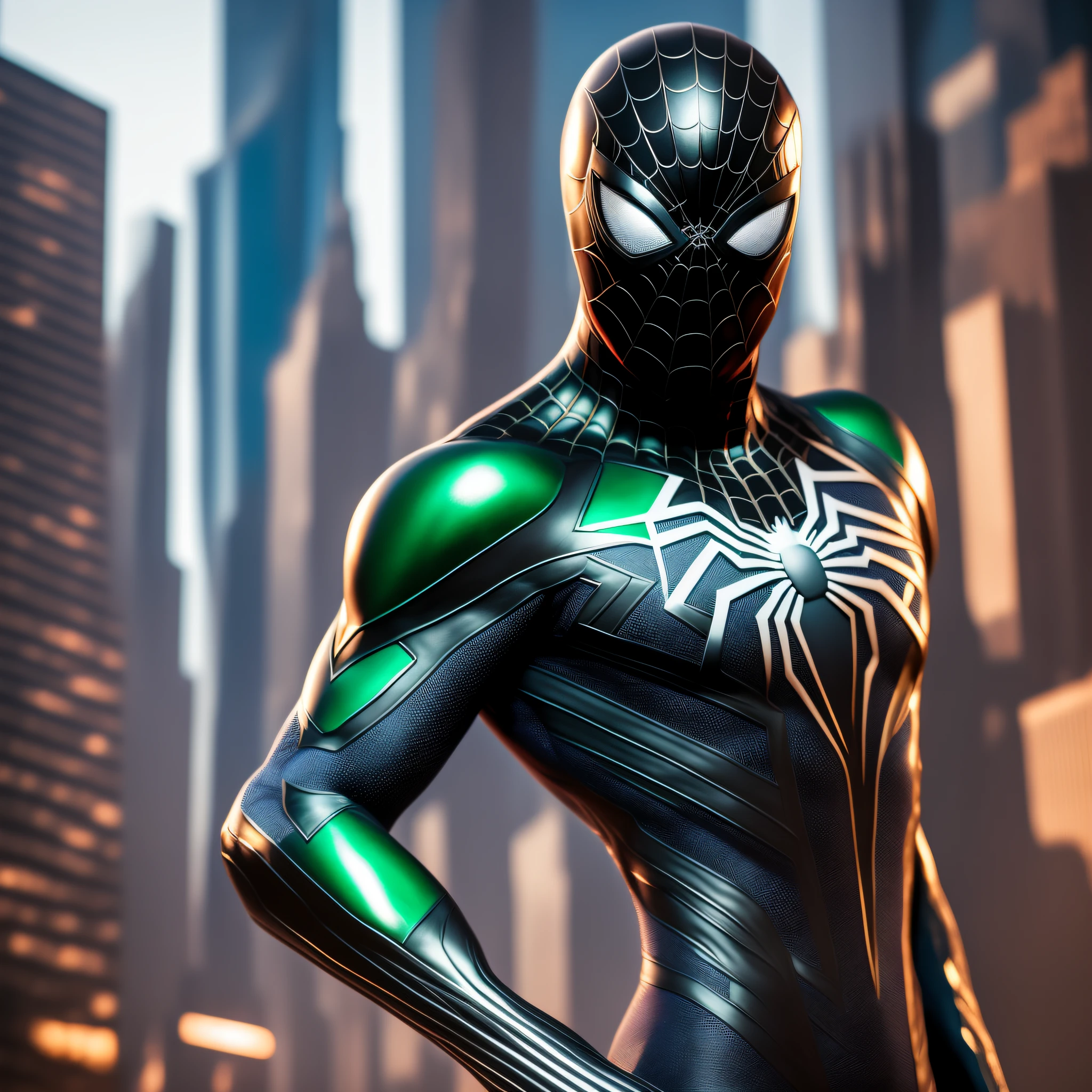 Spider-Man stands out in his black costume with green details in a photorealistic masterpiece. The image is so realistic that it looks like a photo, with hyper-realistic details that show the texture of the costume and the hero's armor. The quality is ultra-high resolution, allowing every detail to be seen clearly.

The scene is on top of a building, with high contrasts and dramatic lighting to create a sense of urgency and danger. The photo was captured by Lee Jeffries with a Nikon D850 camera, 4 photo film and Kodak Portra 400 f1.6 lens. The colors are rich and vibrant, making the image even more realistic.

Photorealistic digital art is a trend at Artstation, and this 8k HD image is an example of how the technique can be applied to perfection. The realistic texture, detailing and image quality are impressive, making this one of the best works of photorealistic digital art available. --auto --s2