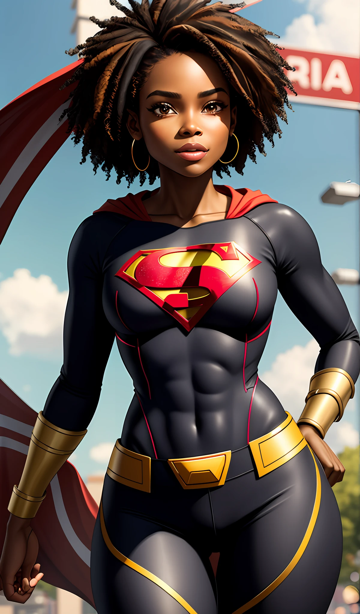 Black Girl,4k, realistic, charismatic, very detailed, there is a girl in heaven, wearing super girl costume, wearing pants, she is super girl, super hero theme, black hair, 18 years old, full body