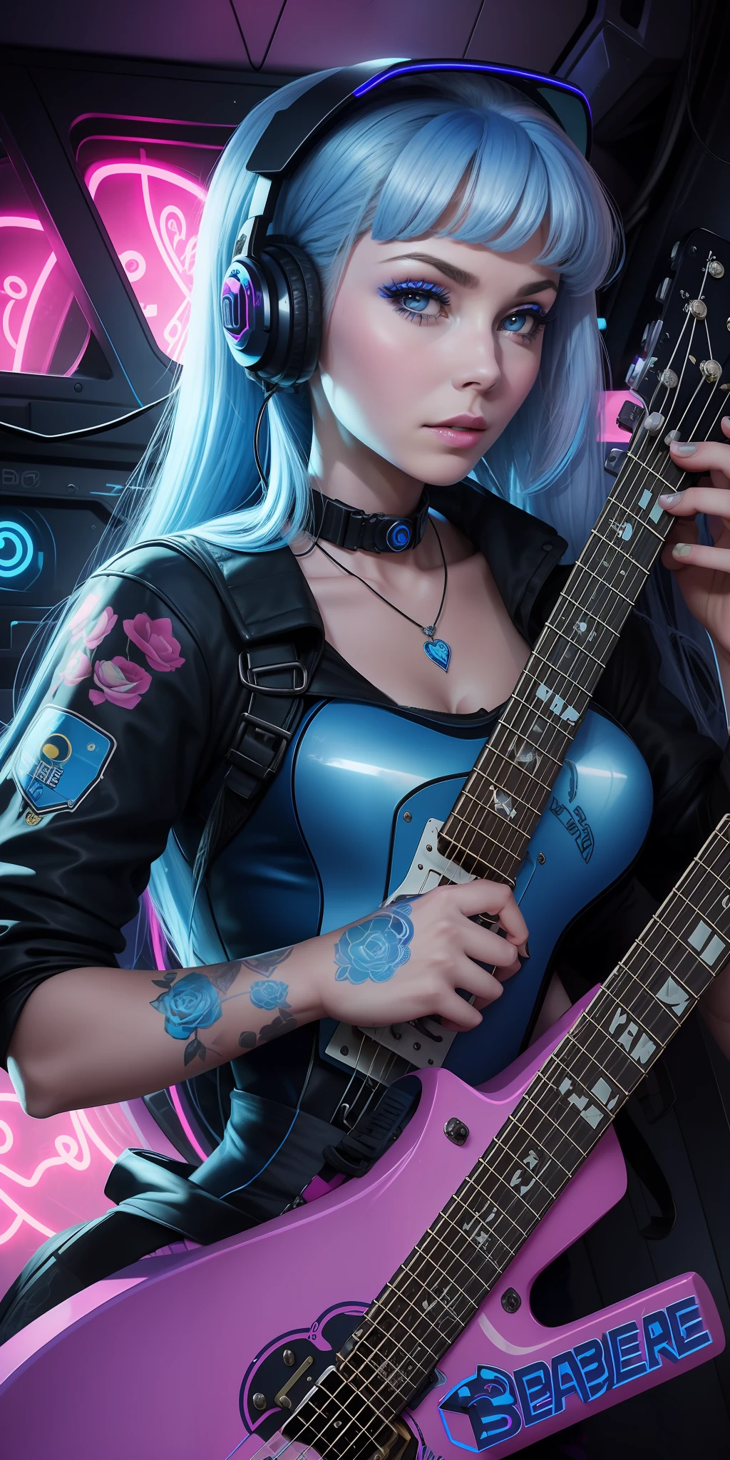 sticker of a face with roses around her eyes and the words bearale on it by Shepherd Ferry (cyberpunk blue) (neon) ((Barbara Eden plays guitar style She is 12 years old blue yellow))