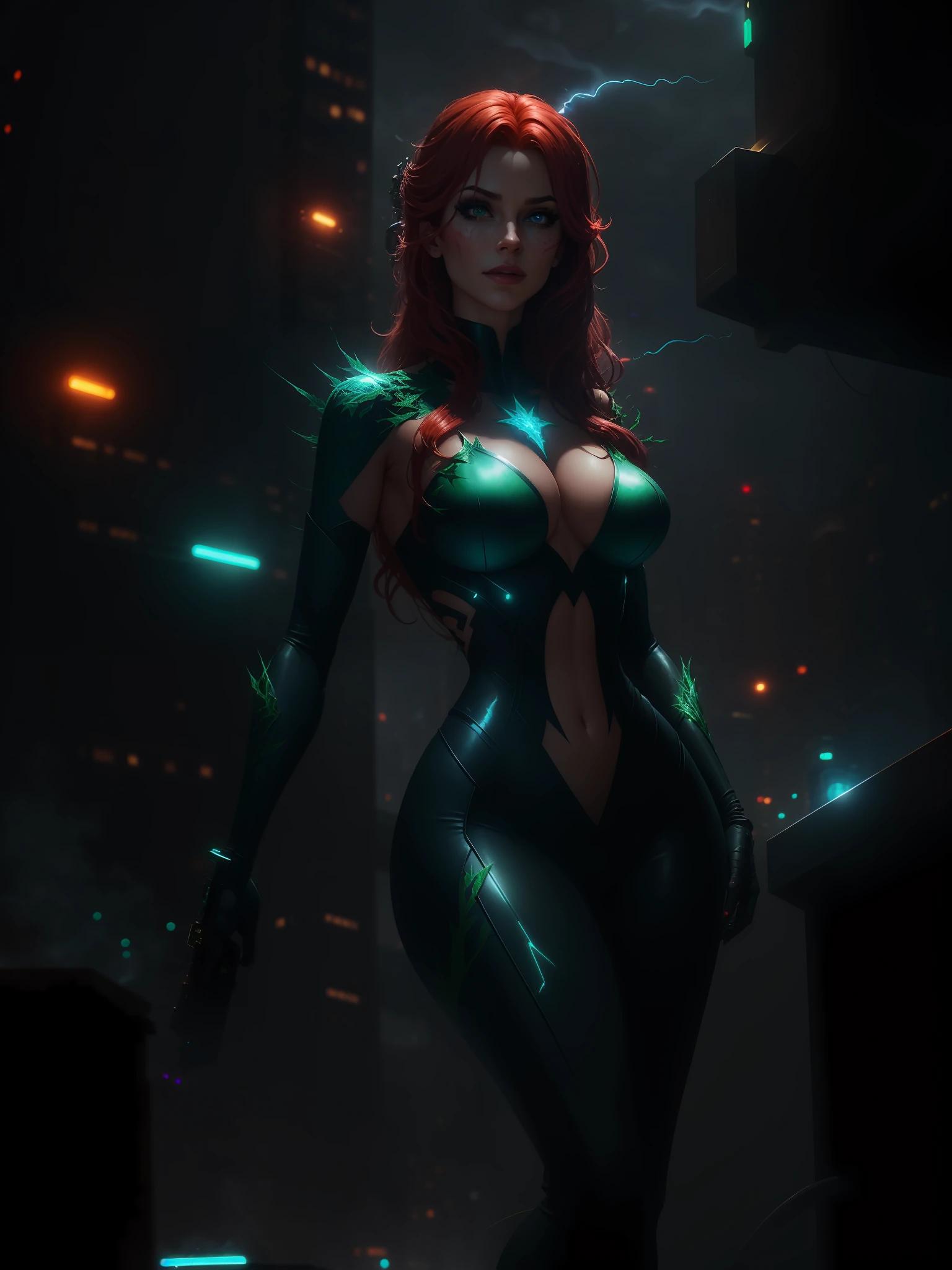 Scene from the movie, Sexy Poison Ivy from DC, extremely detailed, futuristic cityscape, nighttime, glowing neon lights, smoke, sparks, metal shavings, flying debris, blue energy effects, volumetric light