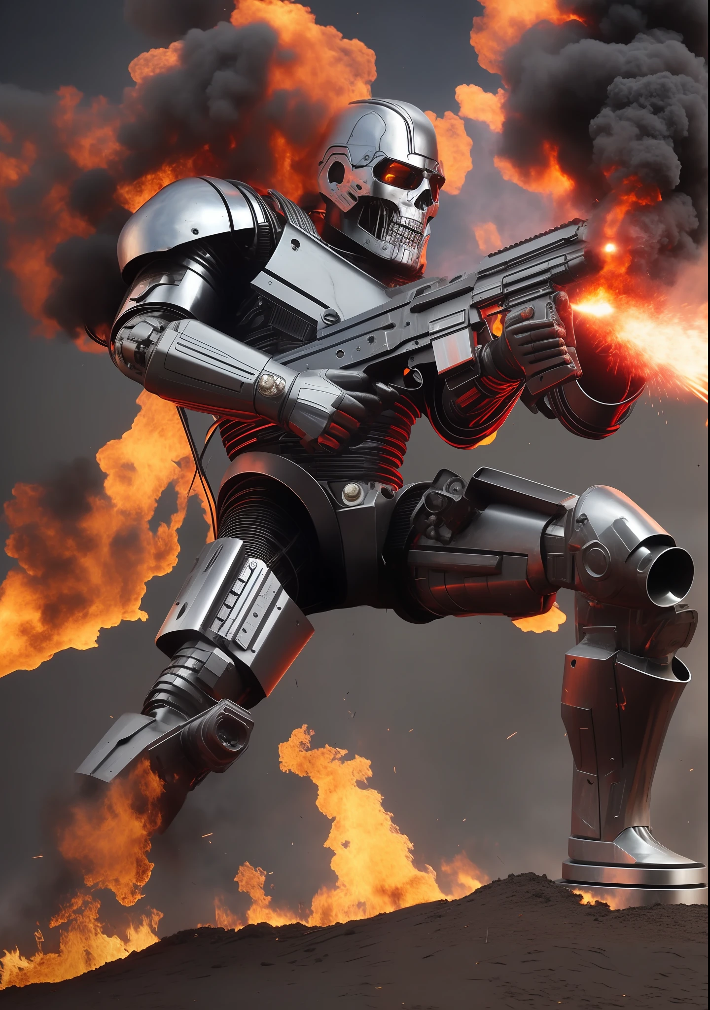 Terminator Man fires large gun, with explosion behind, full body