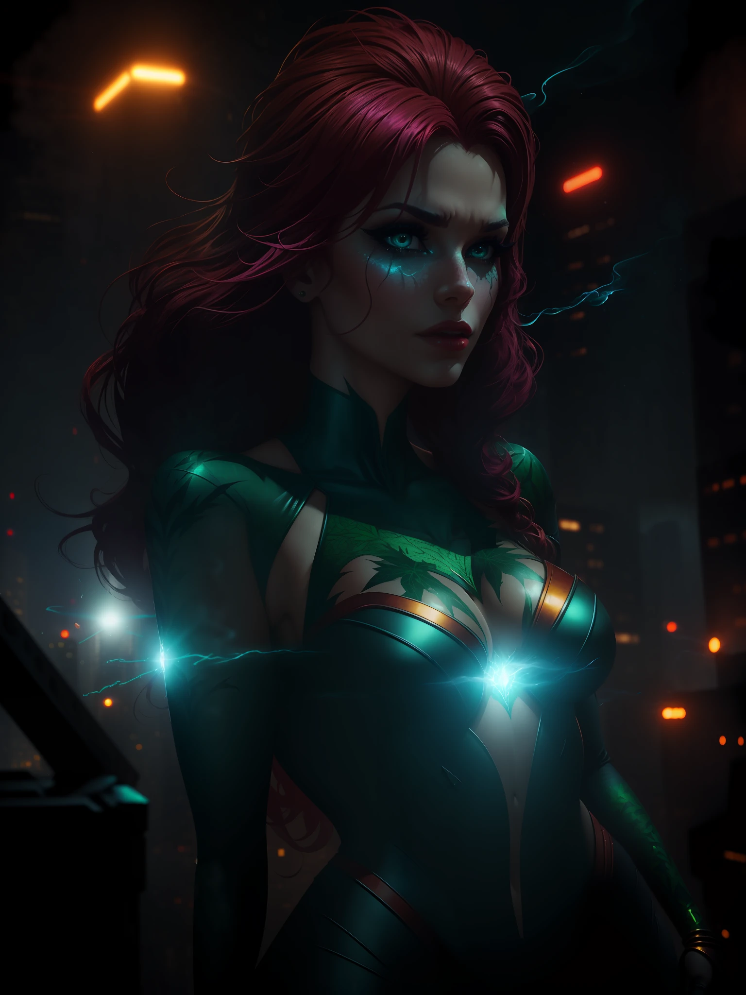 Scene from the movie, Sexy Poison Ivy from DC, extremely detailed, futuristic cityscape, nighttime, glowing neon lights, smoke, sparks, metal shavings, flying debris, blue energy effects, volumetric light