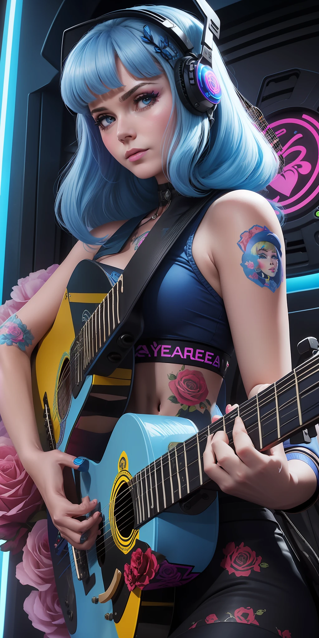 sticker of a face with roses around her eyes and the words bearale on it by Shepherd Ferry (cyberpunk blue) (neon) ((Barbara Eden plays guitar style She is 12 years old blue yellow))