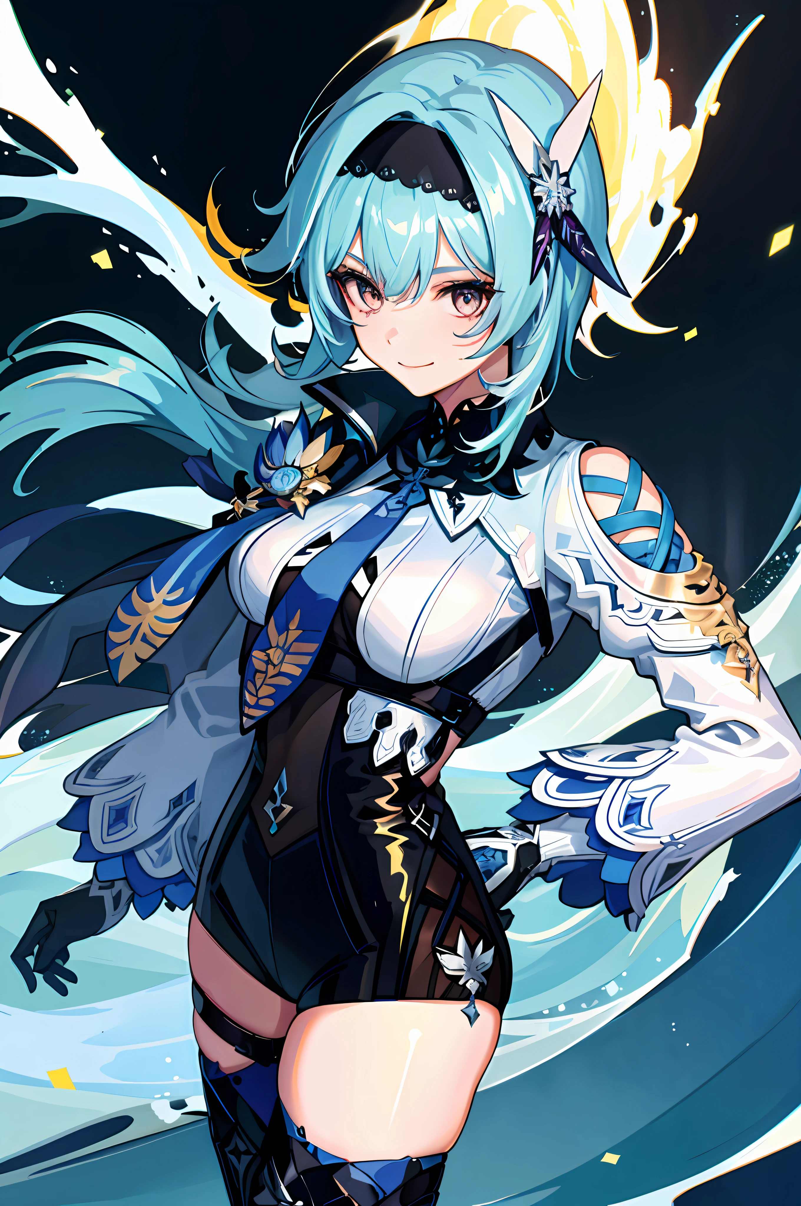 Best Quality, 1 Girl, EULA (Genshin Shock), Blue Hair, Blonde Eyes, Short Hair, Black Headband, Hair Accessories, Look at the Audience, Blue Tie, Snowflakes, Waves, Smile, Cyberpunk