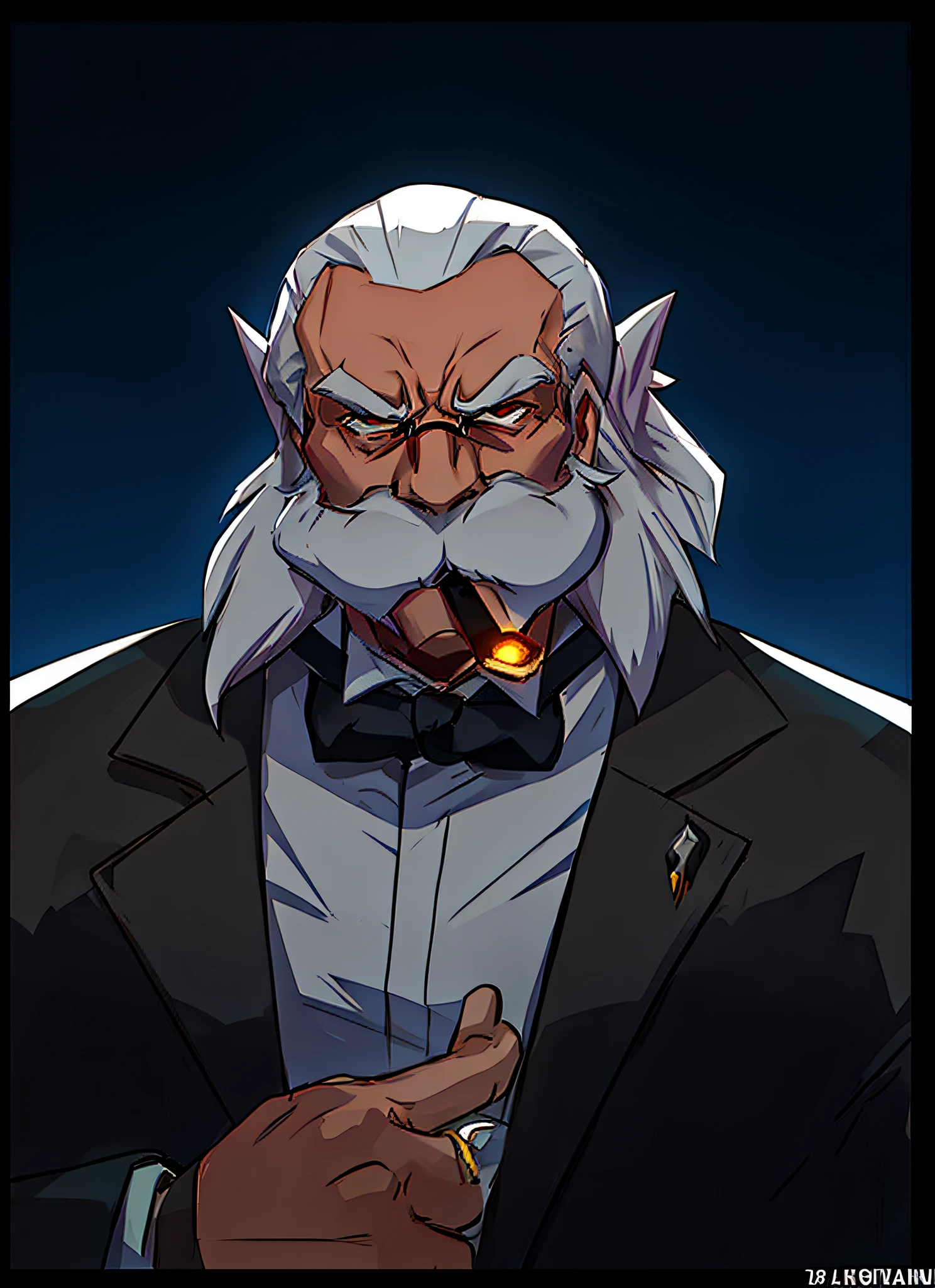 a cartoon image of a man in a tuxedo smoking a cigarette, joe biden as an anime villain, winston from overwatch, official character art, anime joe biden, from overwatch, kazuma kaneko, reinhardt from overwatch, official art, guilty gear strive splash art, portrait of professor sinister, a portrait of the character, symmetry!! portrait of akuma