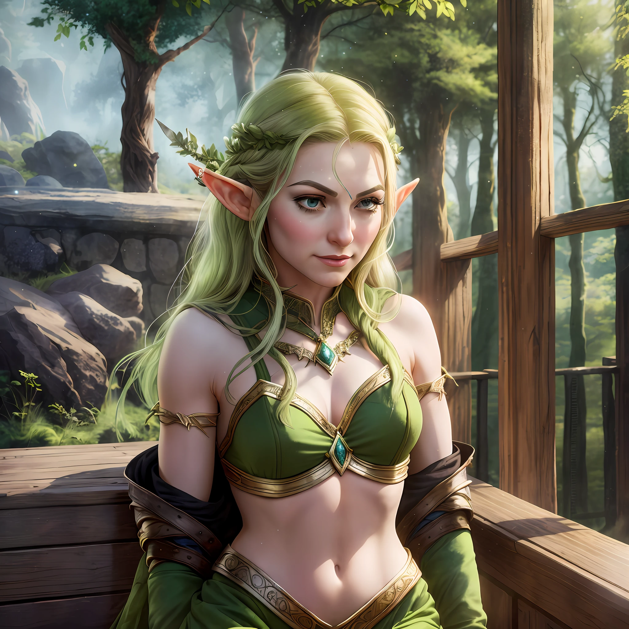 (pt) "Tauriel, the elven warrior, stands in the midst of an ancient forest. She draws her bow and takes aim at an unseen foe, her silver hair and radiant armor glistening in the sunlight. Around her, the trees are tall and alive with movement - every beam of light that pierces the canopy dances with glittering particles. With every step she takes through the underbrush, the colors of the world seem to shift and change, as though the very essence of life were in constant flux around her."