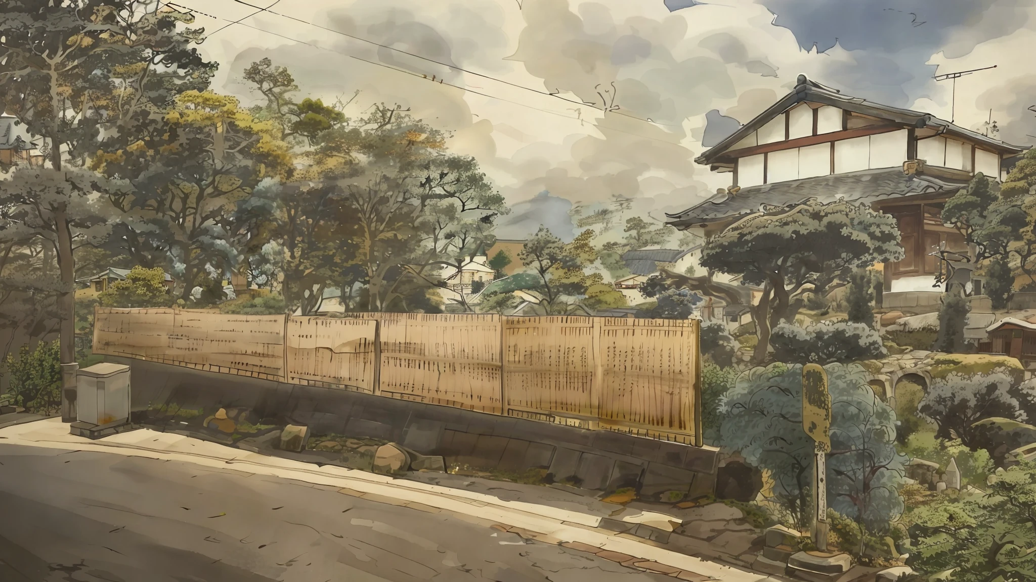 there is a picture of a house and a bridge in the middle of a street, inspired by Ogata Kōrin, yuji himukai, inspired by Takeuchi Seihō, inspired by Tanomura Chikuden, by Kamisaka Sekka, inspired by Ryōhei Koiso, makoto sinkai